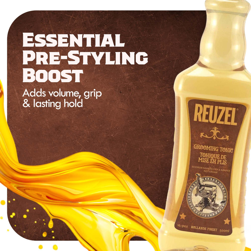 REUZEL Grooming Tonic supports pomade layering for enhanced shine.