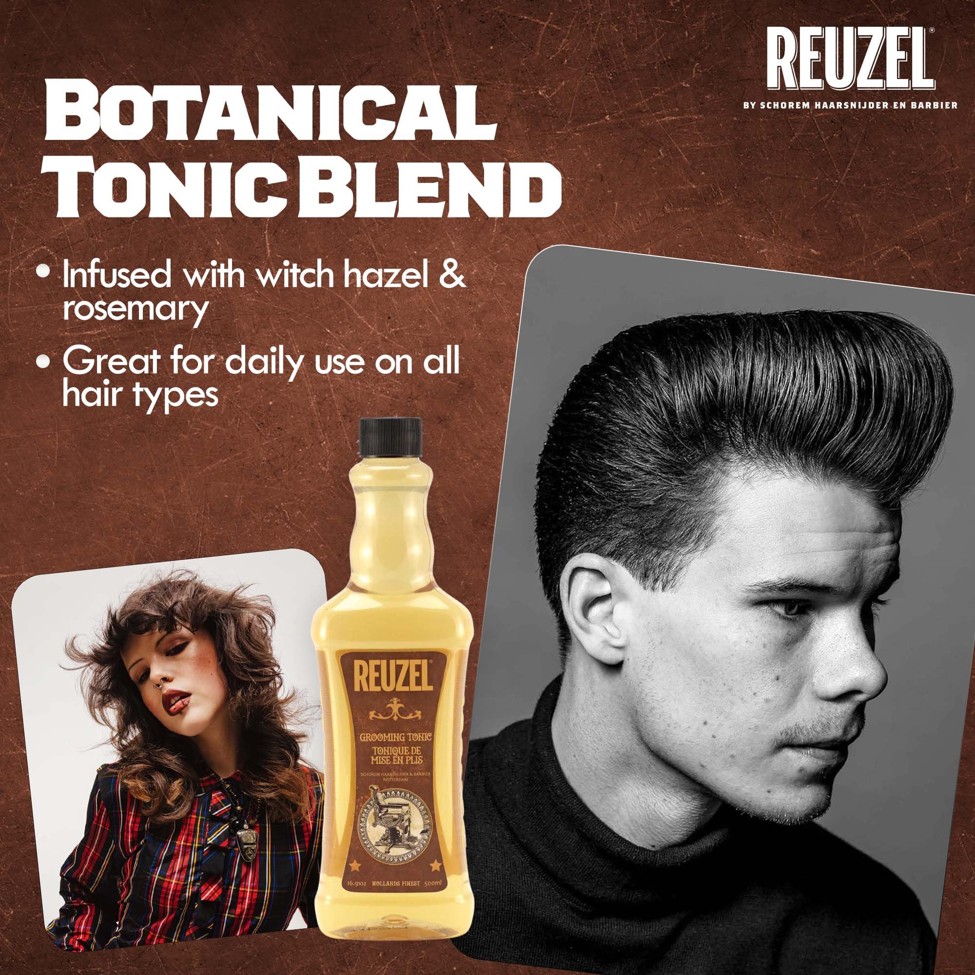 REUZEL Grooming Tonic layered with pomade for a wet-look finish and shine.