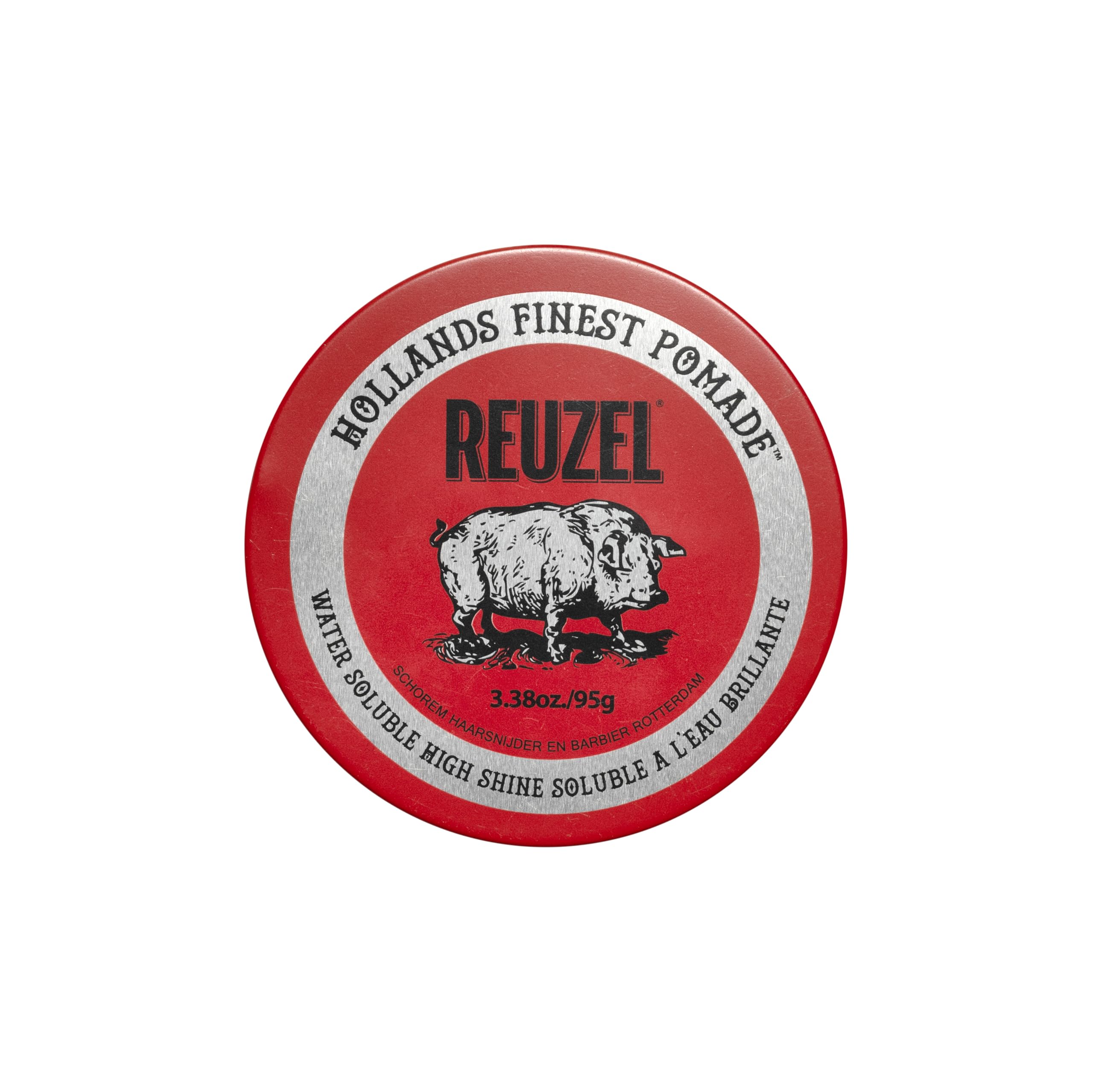 REUZEL Red Pomade jar close-up highlights easy wash-out and high shine.