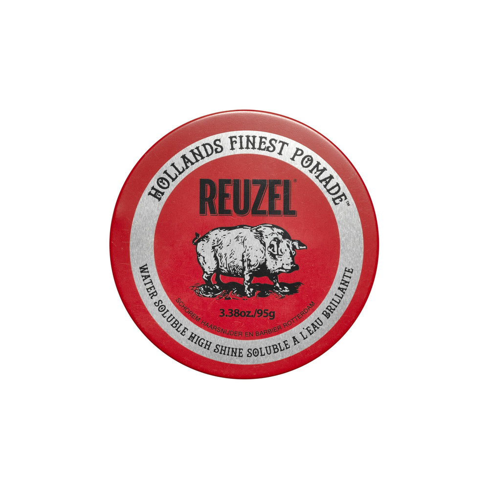 REUZEL Red Pomade jar close-up highlights easy wash-out and high shine.