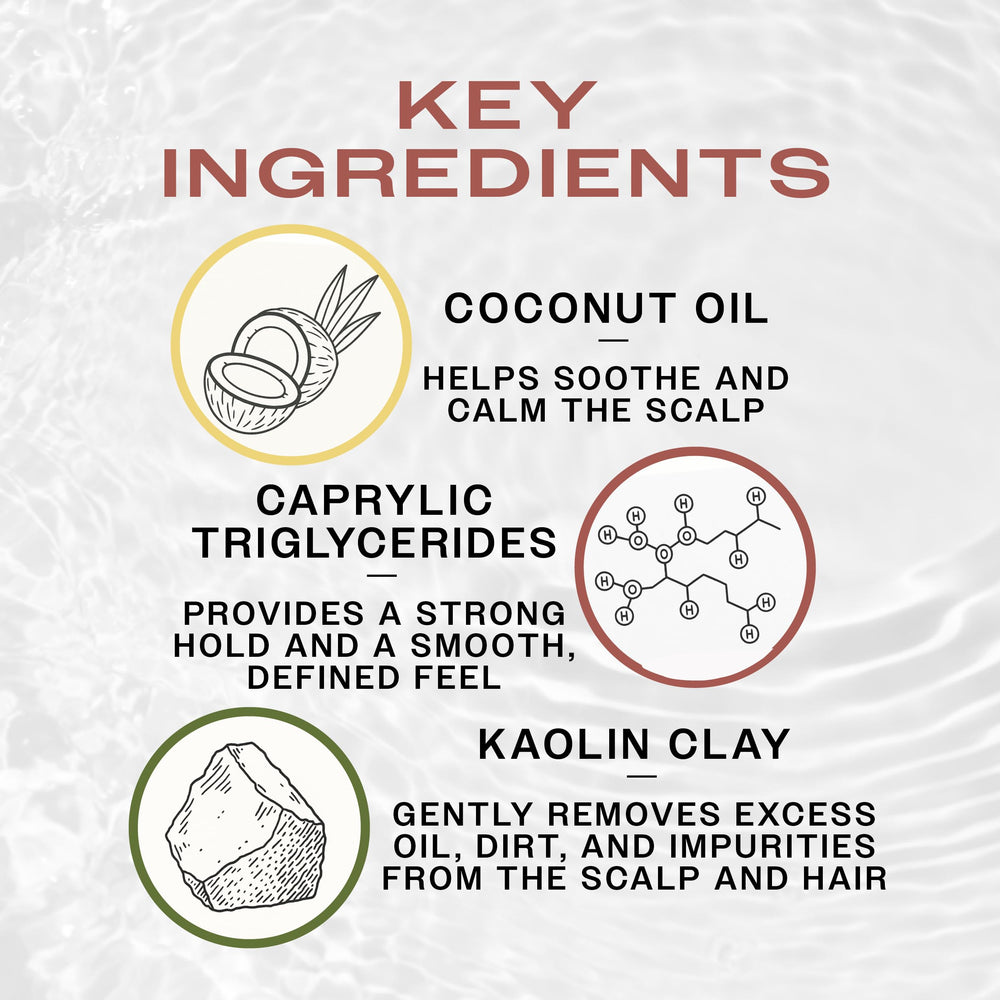 REUZEL Surf Texture Cream jar and ingredients like coconut oil and kaolin.