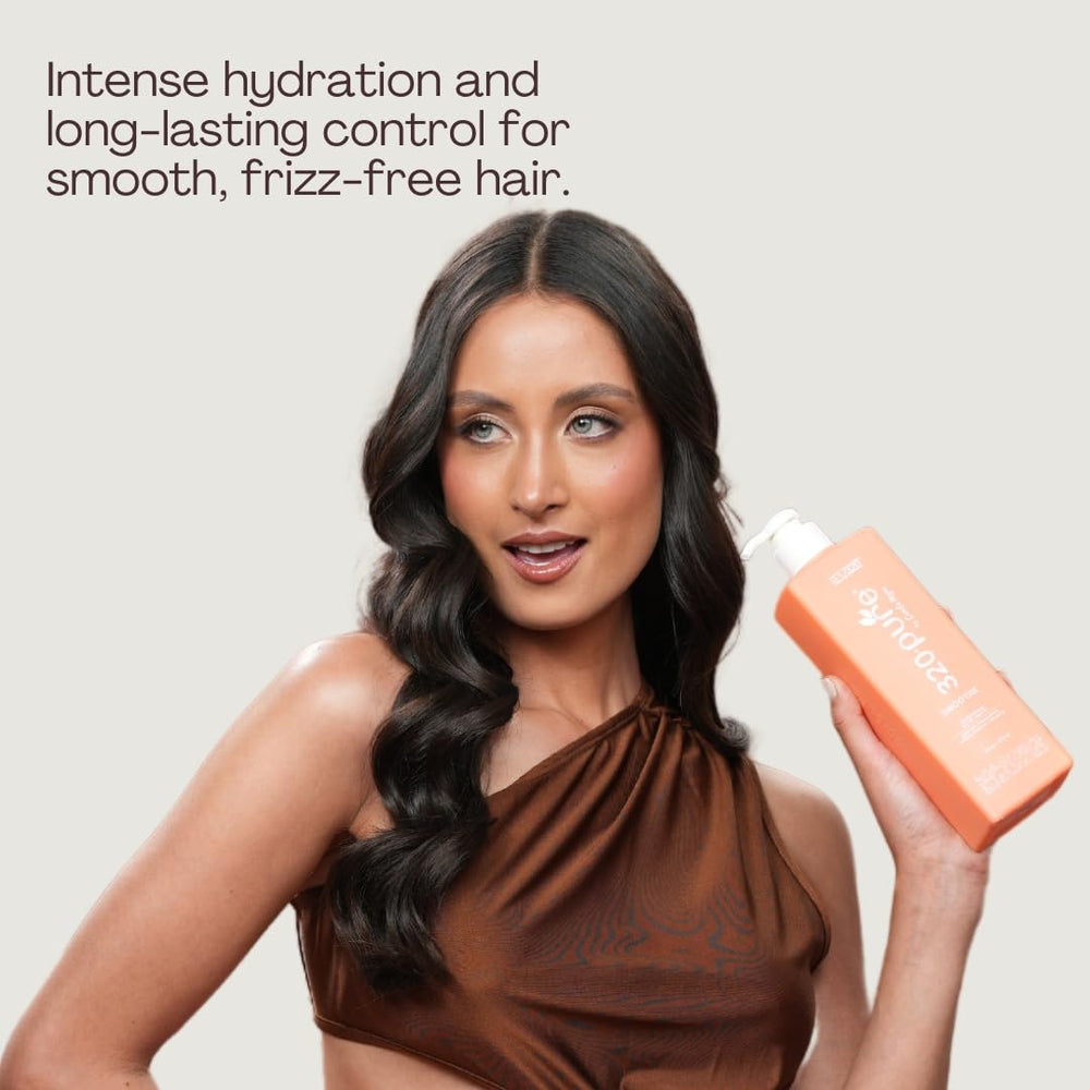 Rev320 320Pure Smoothie Leave-In Conditioner close-up highlighting argan oil and aloe vera for hydration.