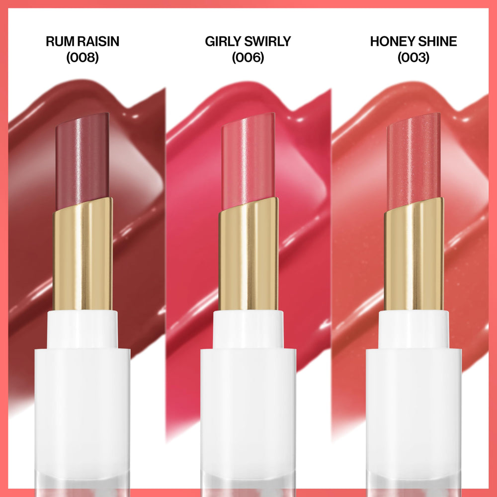 REVLON Glass Shine Balm Rum Raisin swatch reveals rich red-brown shade with glassy finish.