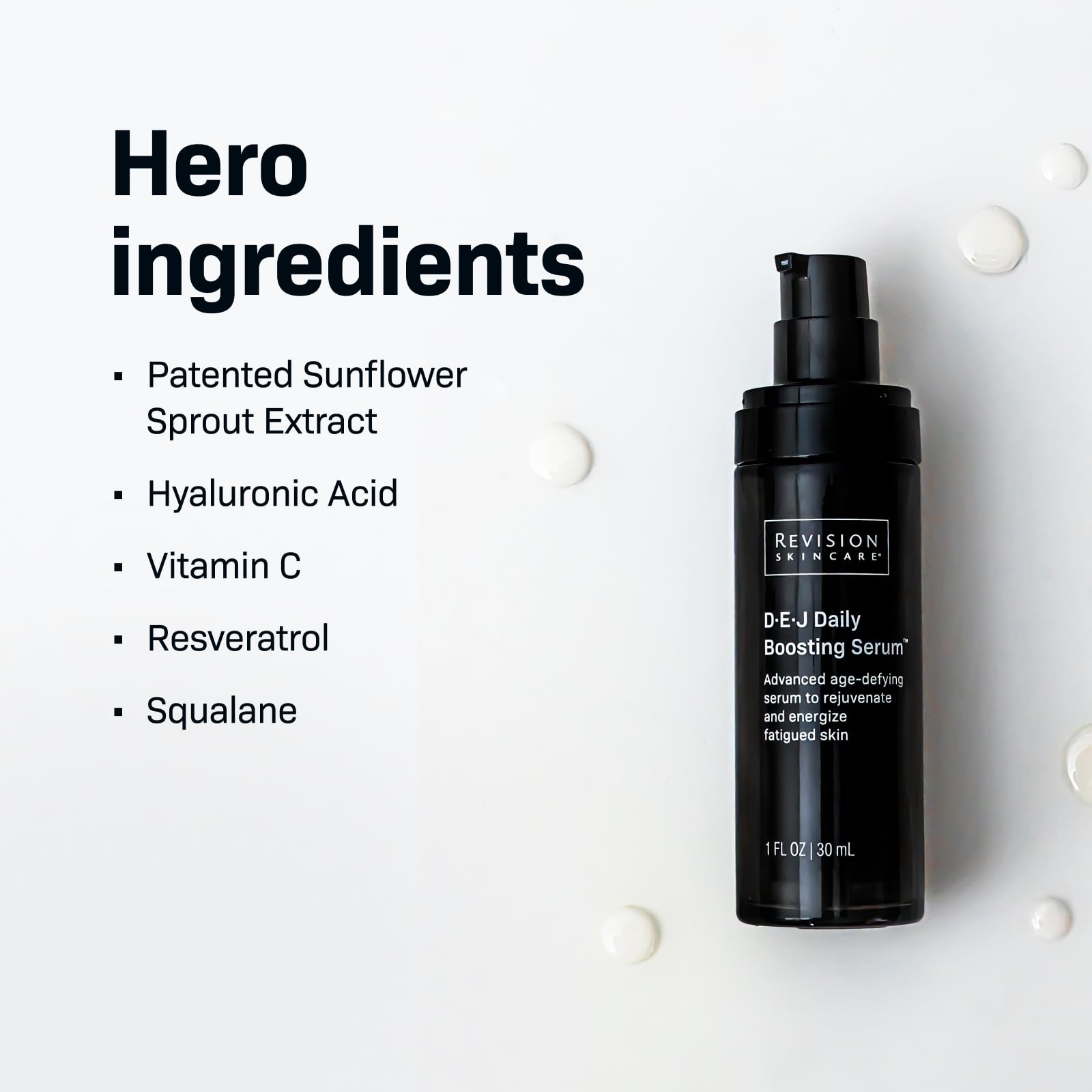 Revision Skincare D·E·J Daily Boosting Serum application scene suggests gentle daily use.