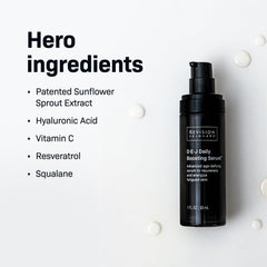 Revision Skincare D·E·J Daily Boosting Serum application scene suggests gentle daily use.
