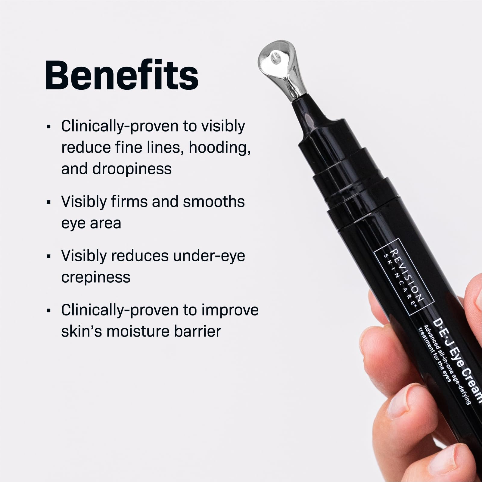 D·E·J Eye Cream being applied around the eye area for hydration and smoothing.
