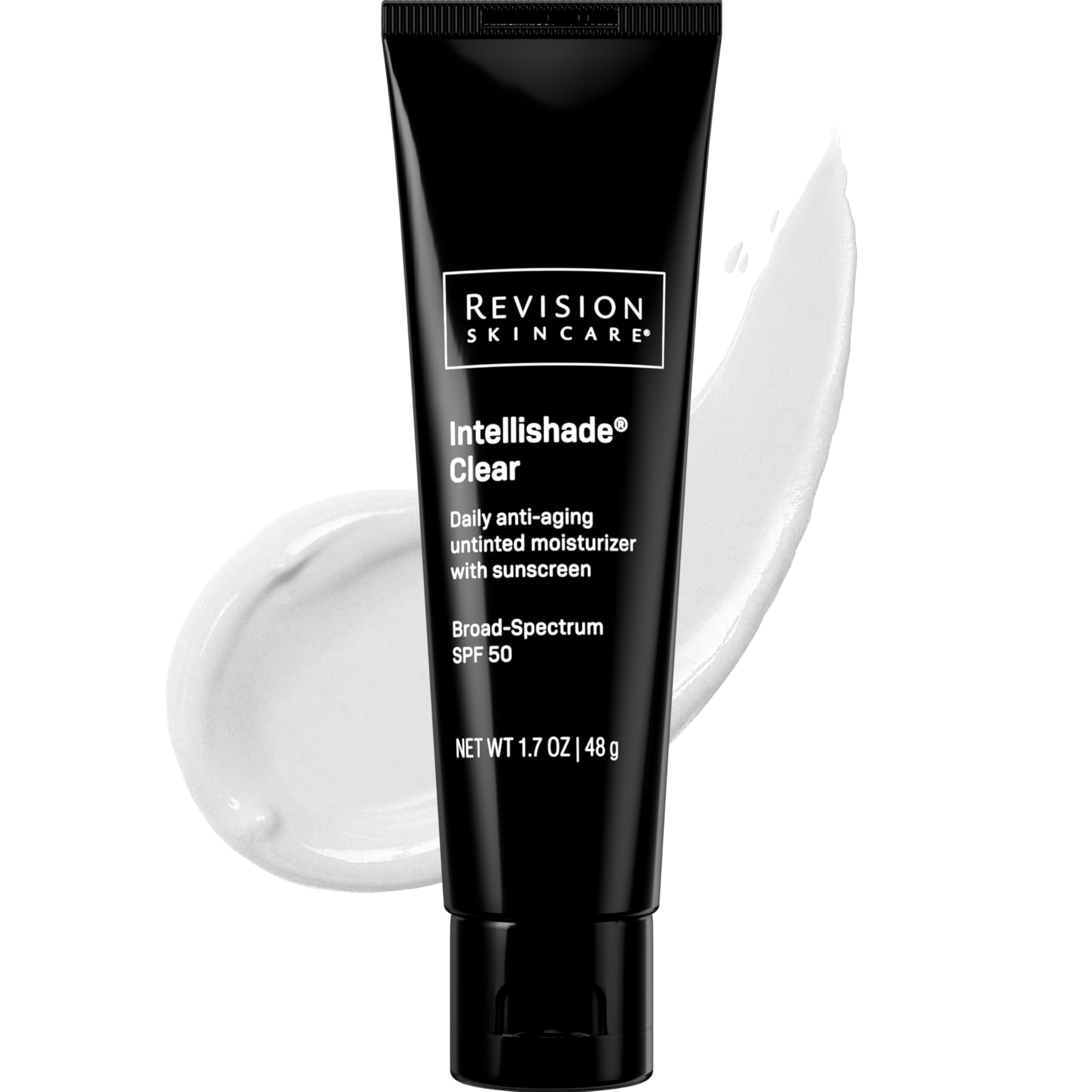 Revision Skincare Intellishade Clear SPF 50 bottle showing invisible, oil-free protection.