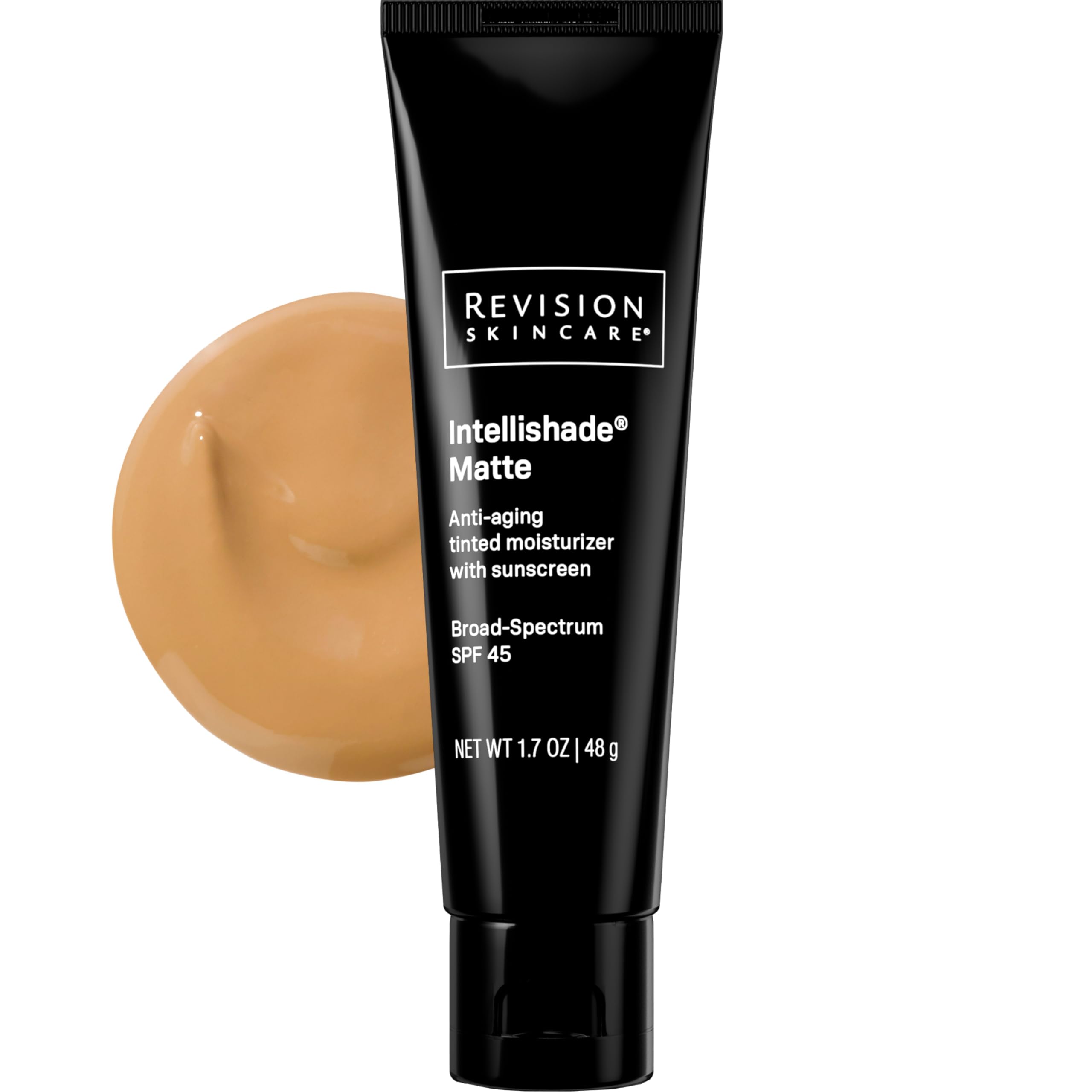 Revision Skincare Intellishade Matte SPF 45 tinted sunscreen on face showing sheer coverage and glow-free look