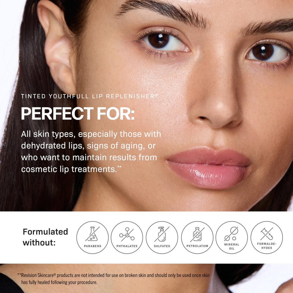 Revision Skincare Tinted YouthFull Lip Replenisher contains antioxidants for protection.