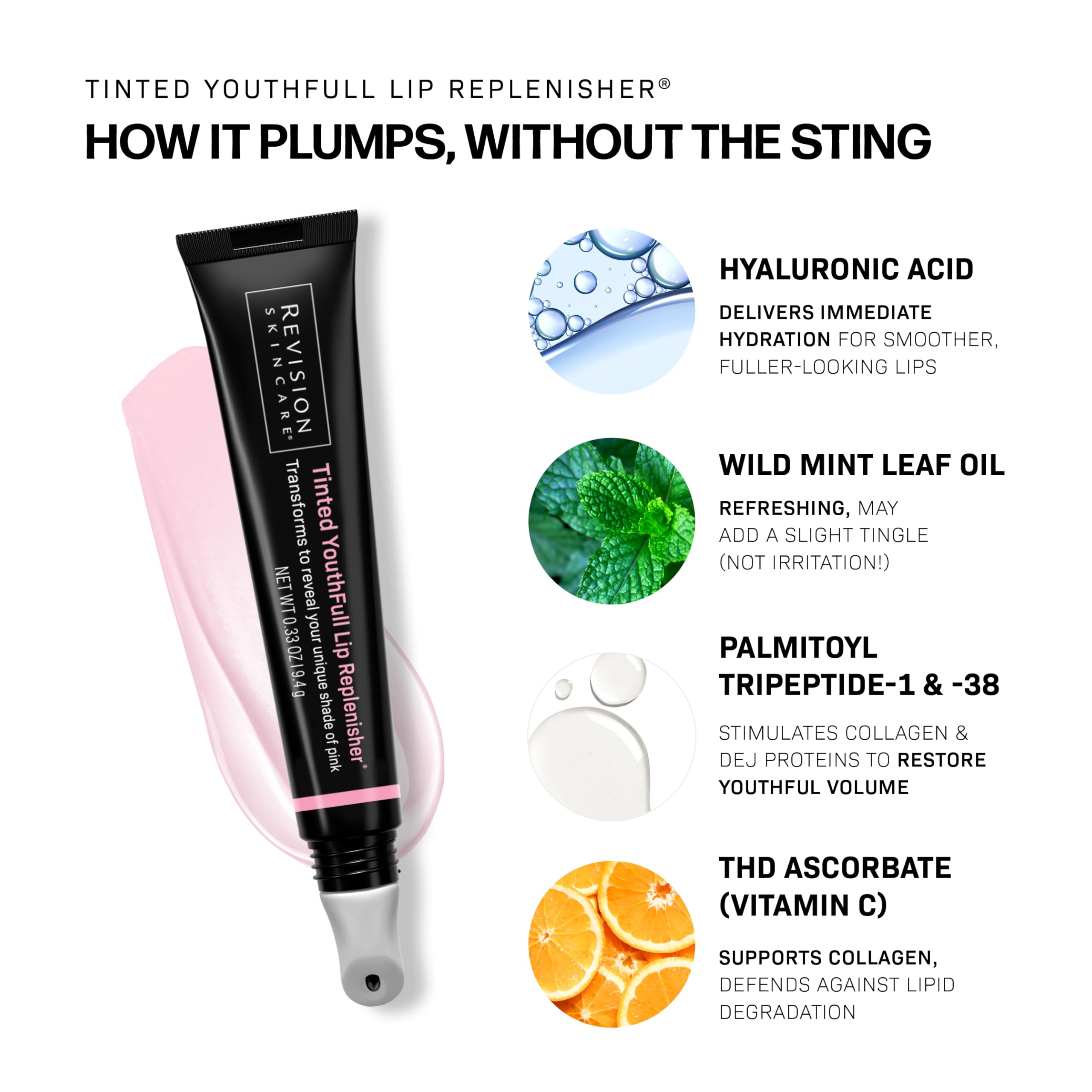 Revision Skincare Tinted YouthFull Lip Replenisher with hyaluronic acid provides moisture.