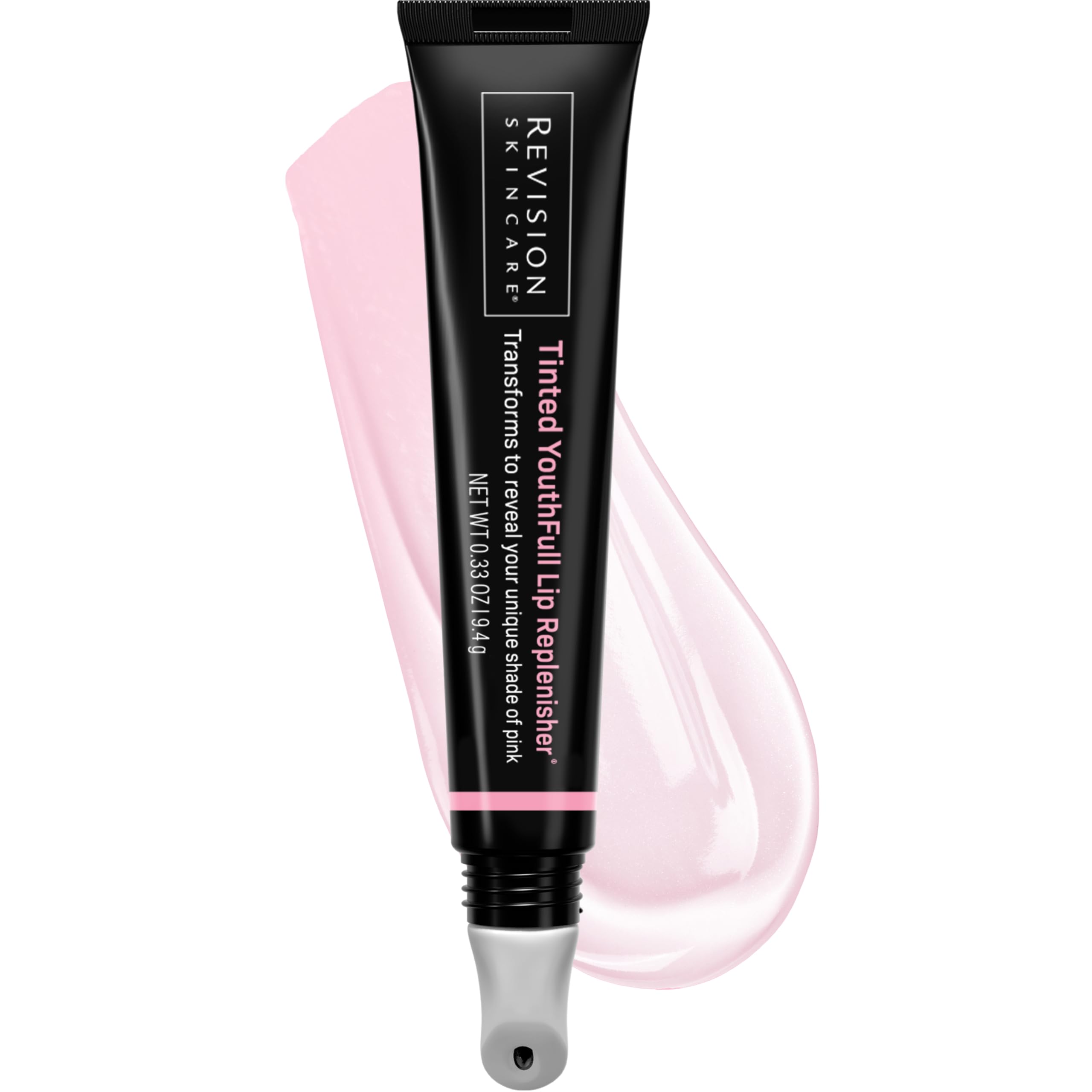 Revision Skincare Tinted YouthFull Lip Replenisher tube closeup shows personalized pink tint and hydration.