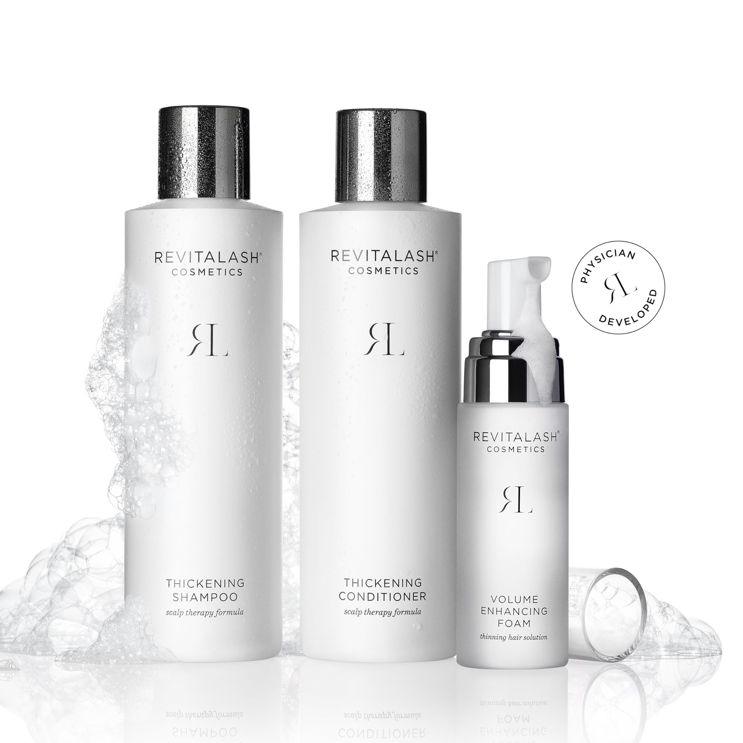 RevitaLash Thickening Shampoo application scene suggests pairing with foam