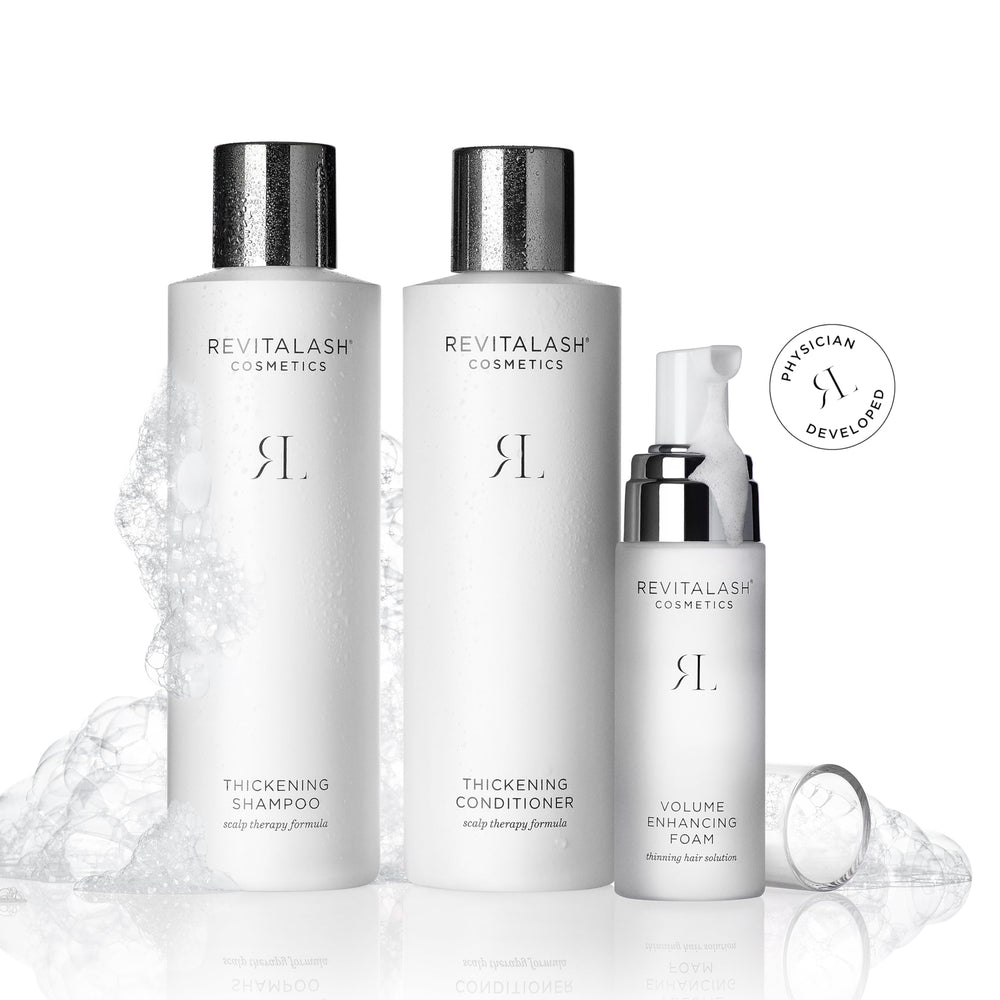 RevitaLash Thickening Shampoo application scene suggests pairing with foam