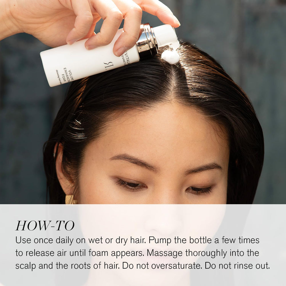 RevitaLash Volume Enhancing Foam applied to scalp for conditioning and elasticity
