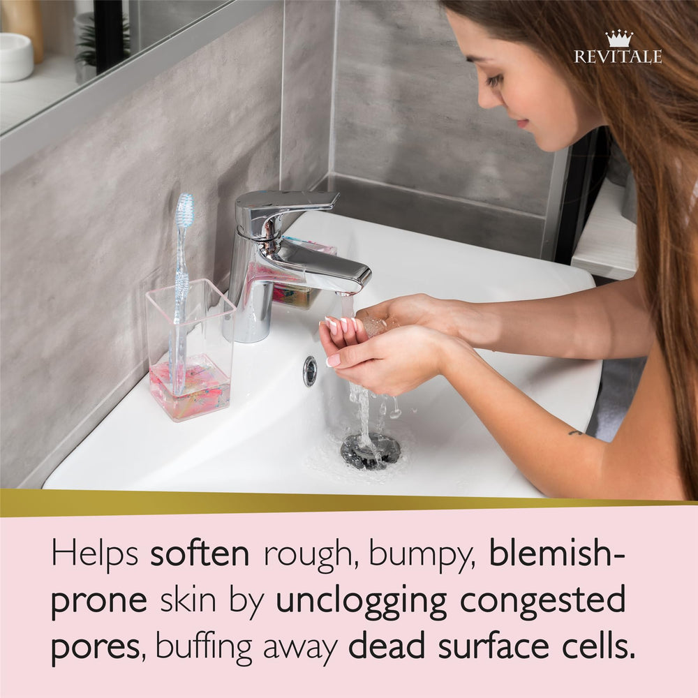 REVITALE Advanced Scrub Soap bar close-up showing texture and apricot kernel exfoliants for gentle care.