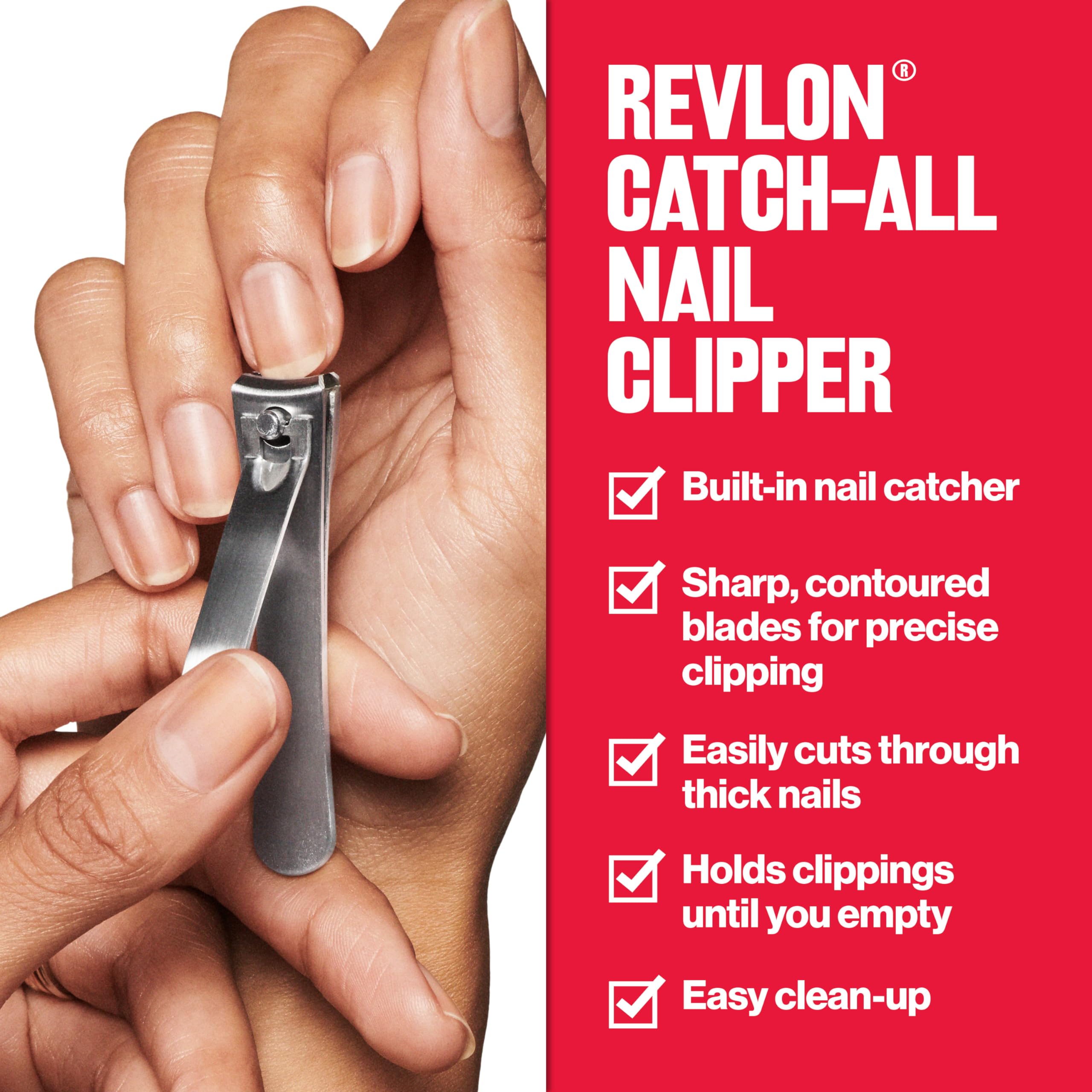 REVLON Catch-All Nail Clipper stainless steel blade for clean cuts.