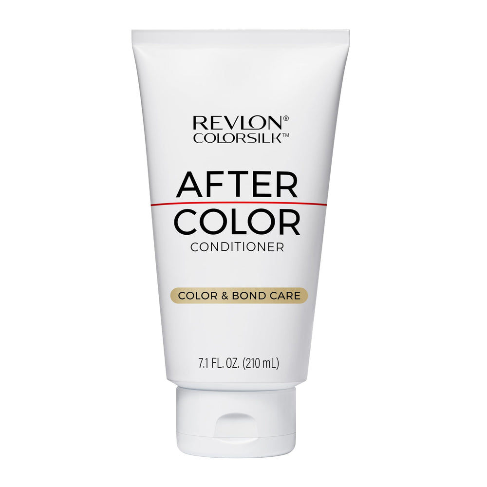 Acondicionador Revlon ColorSilk After Color, botella visible, cabello más suave y nutrido