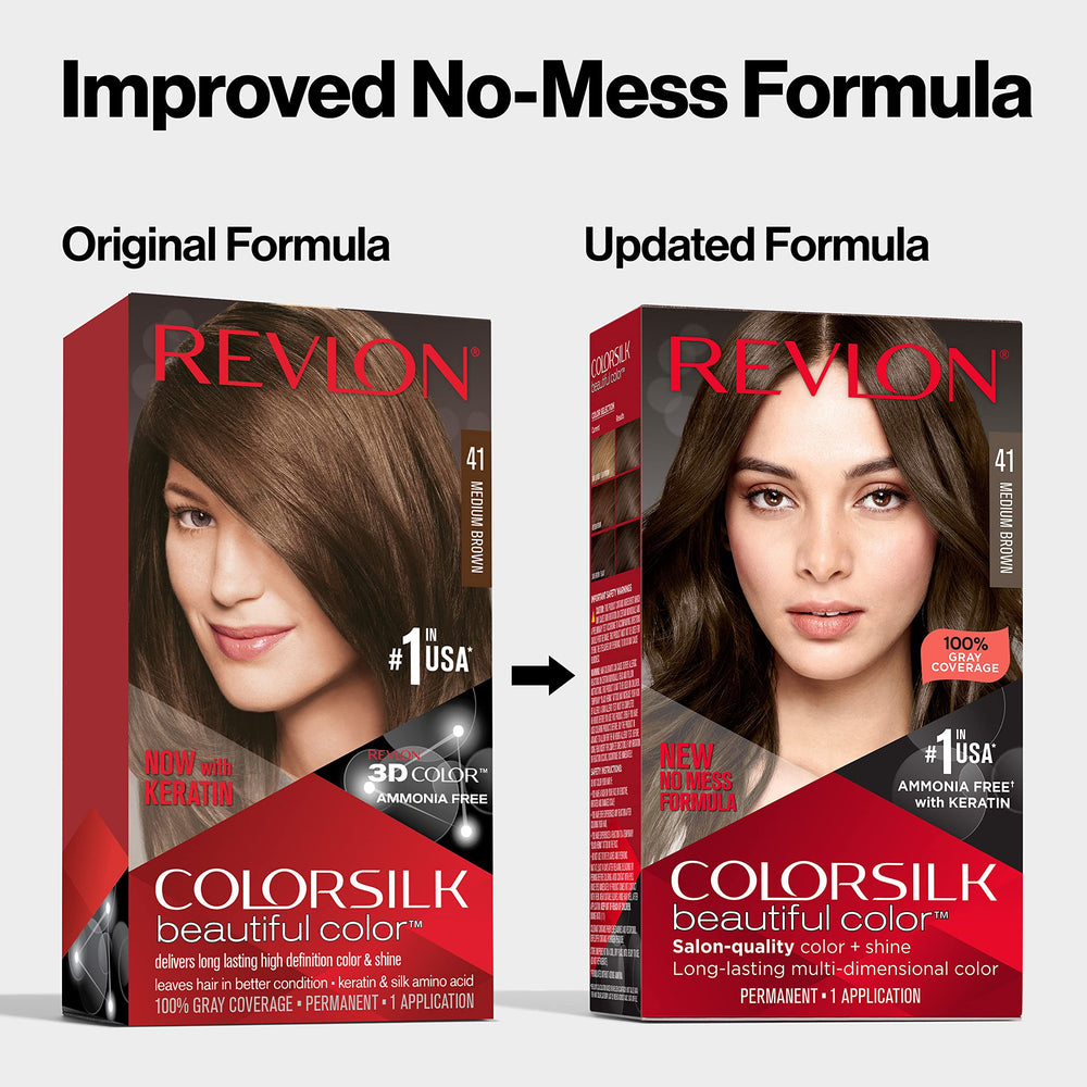 Revlon Colorsilk ammonia-free formula for gentler application and rinse.