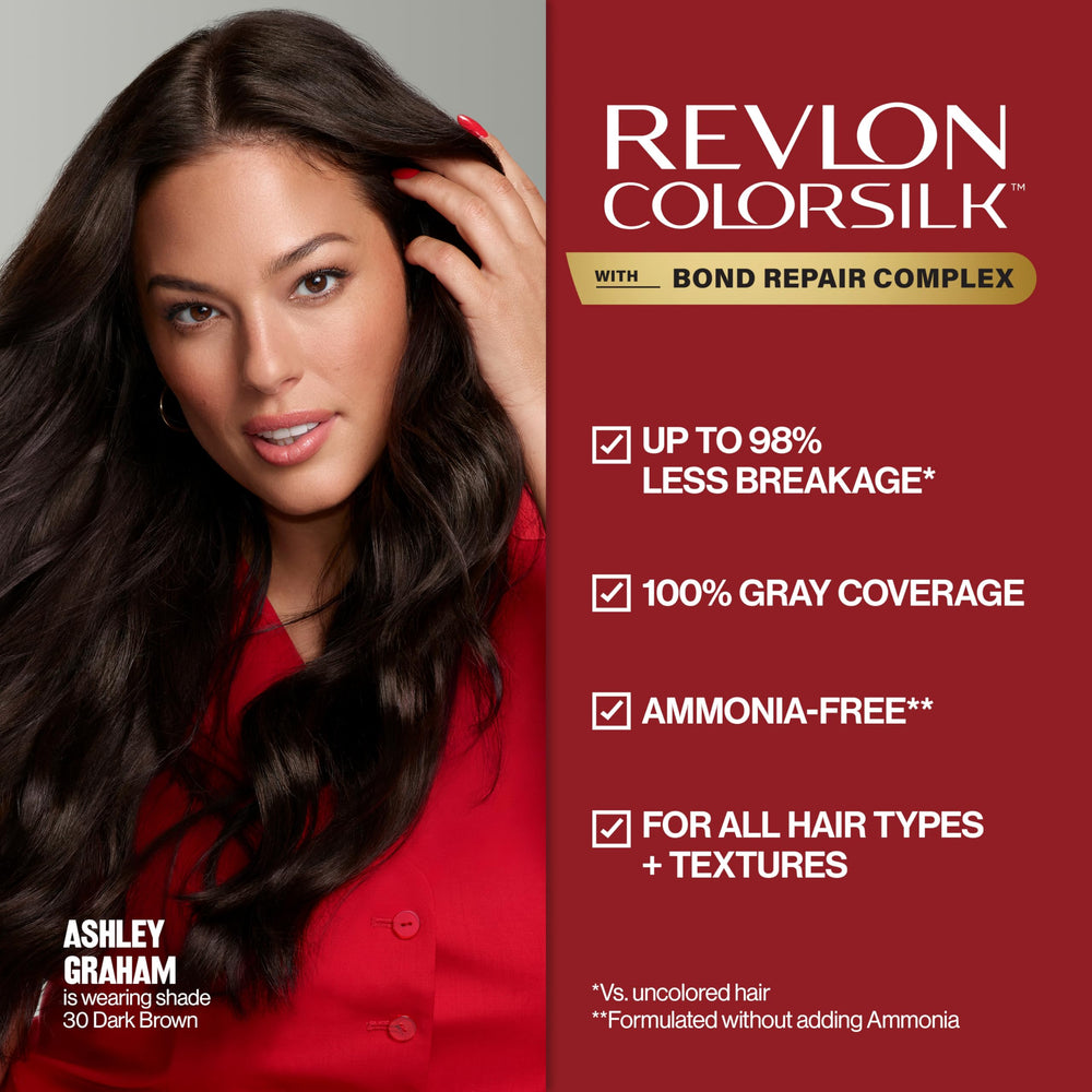 Revlon ColorSilk ammonia-free label close-up signals gentle color processing.