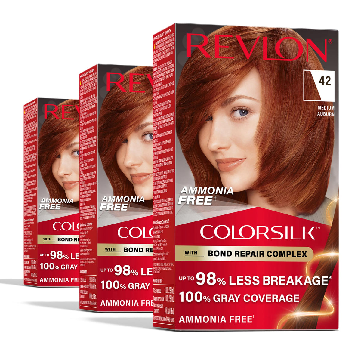 Revlon ColorSilk Auburn box front showing 42 Medium Auburn shade for strong gray coverage.