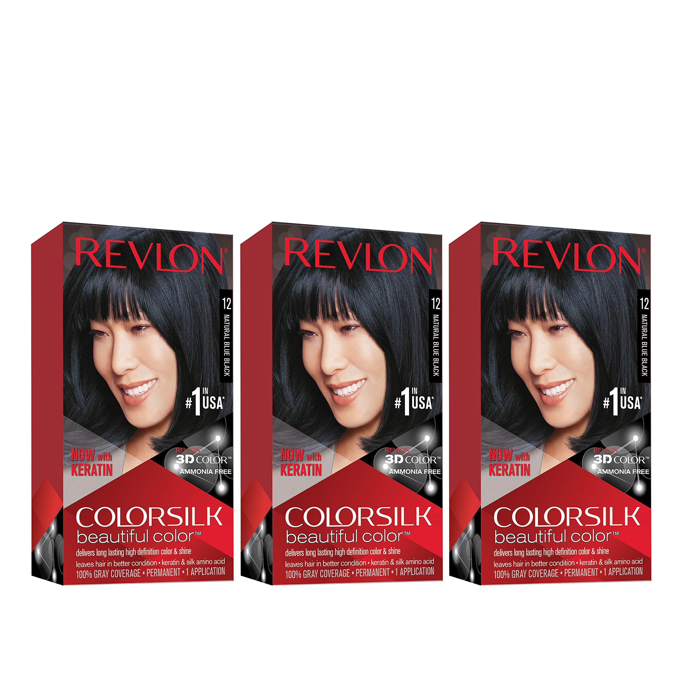 Revlon Colorsilk blue-black bottle showing ammonia-free, long-lasting gray coverage