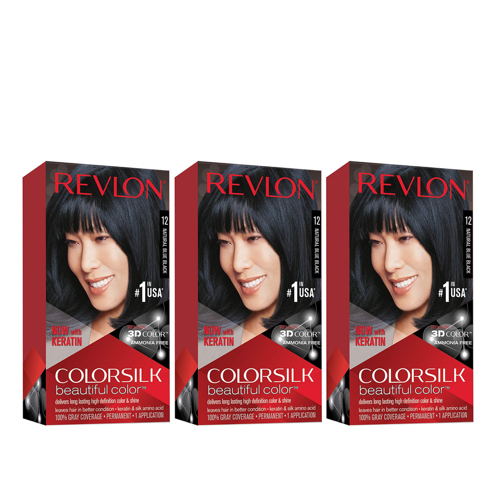 Revlon Colorsilk blue-black bottle showing ammonia-free, long-lasting gray coverage