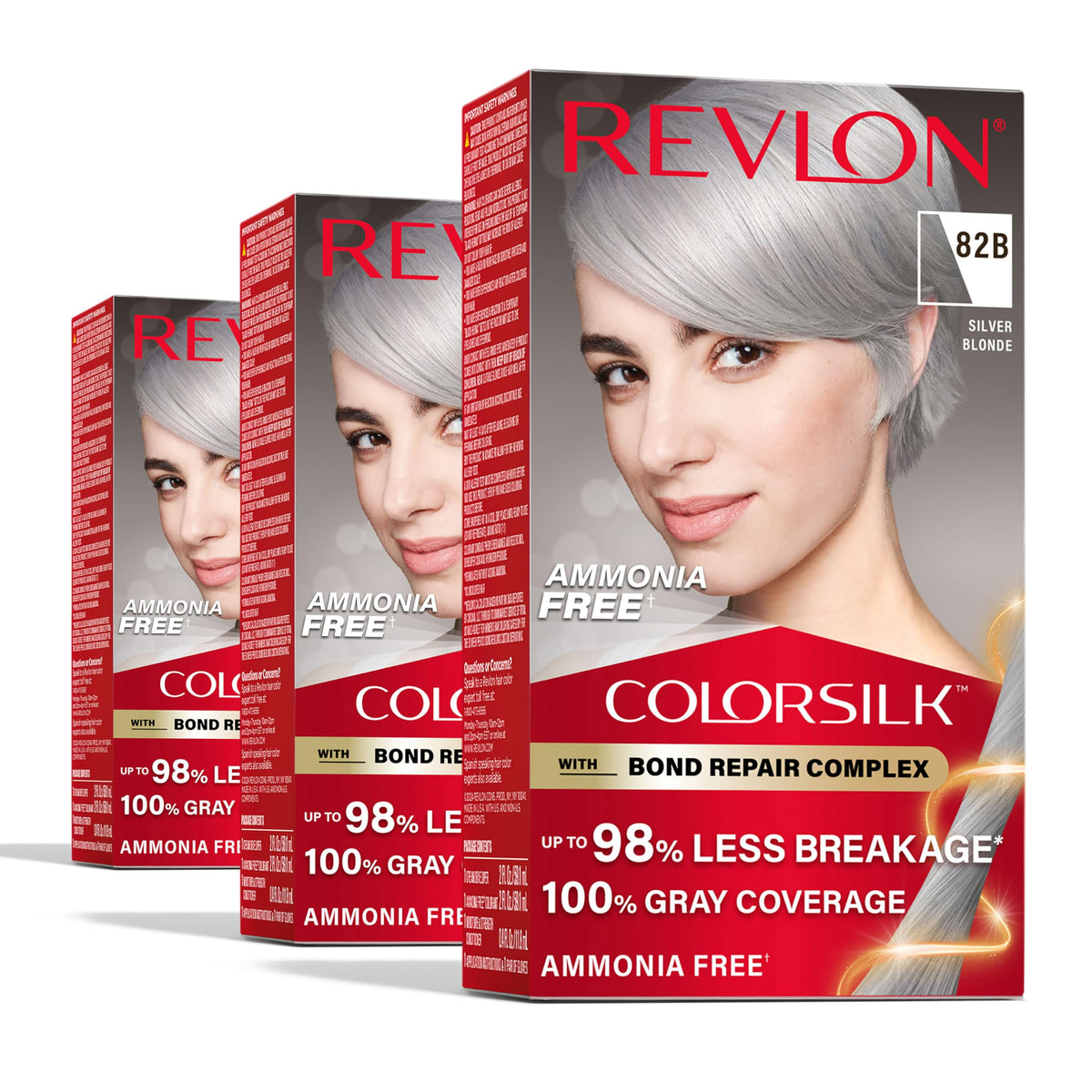 Revlon ColorSilk 82B Silver Blonde box front with bond repair and gray coverage.