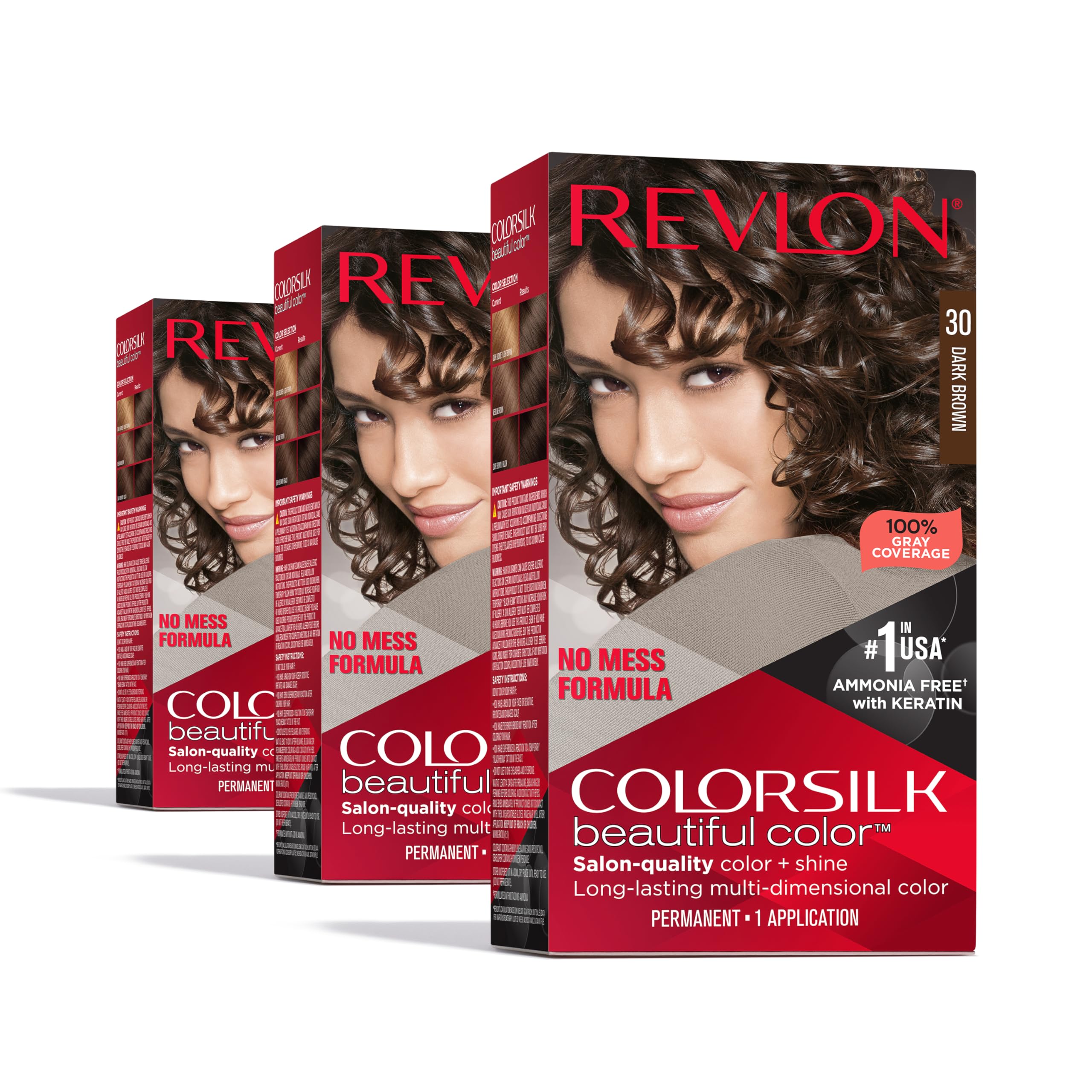 Revlon Colorsilk Dark Brown 30, pack of 3, at-home color with gray coverage and shine