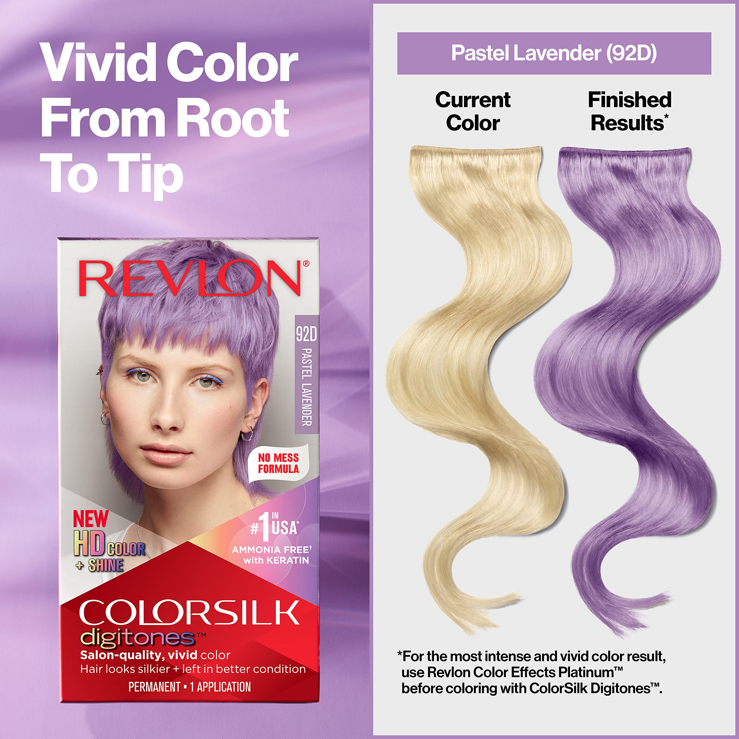Revlon ColorSilk Digitones pastel lavender hair on model demonstrates rich, conditioner-infused color