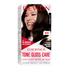 REVLON ColorSilk Tone Gloss Care color cream tube delivers vibrant gloss at home.