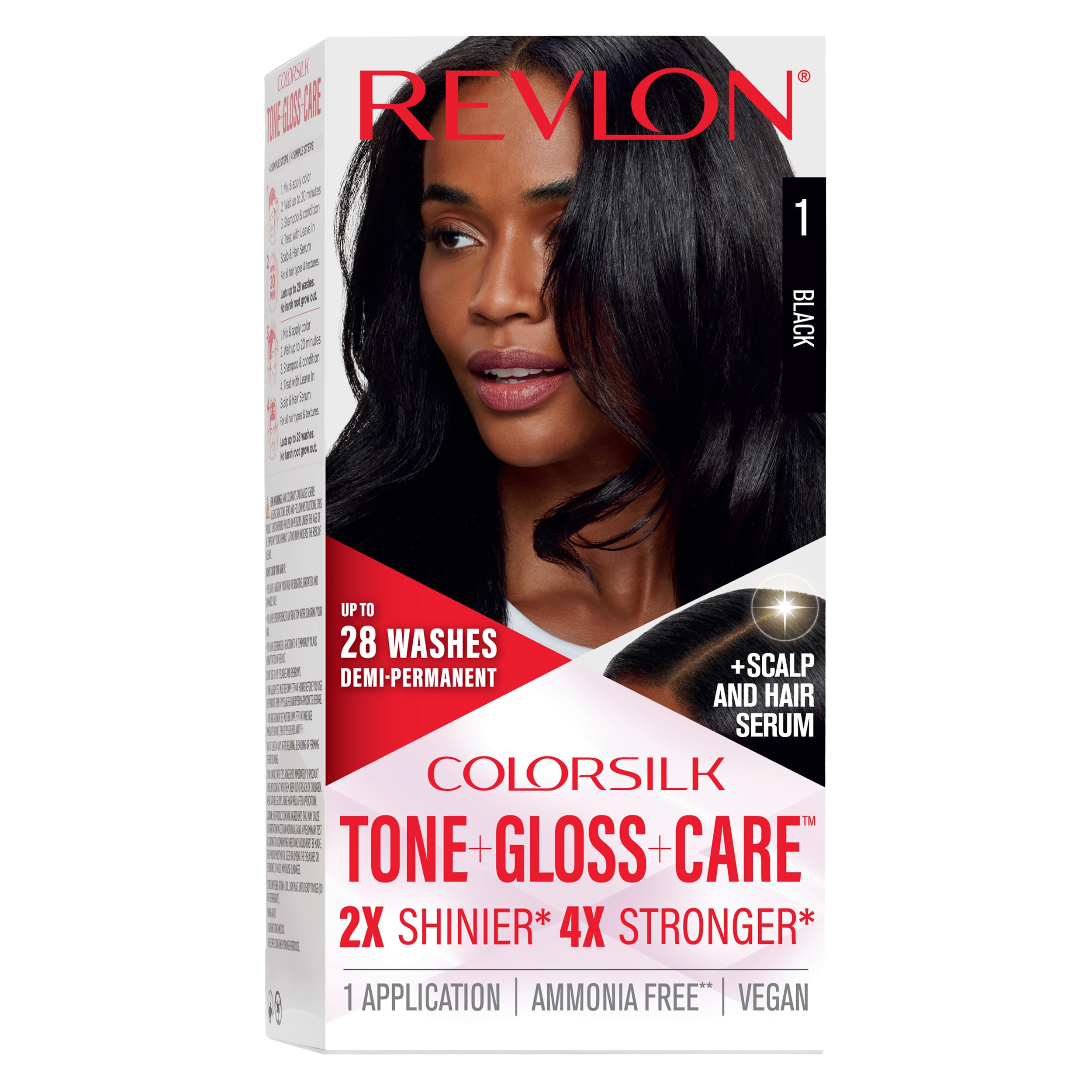 REVLON ColorSilk Tone + Gloss Care dye kit bottle with rich color.