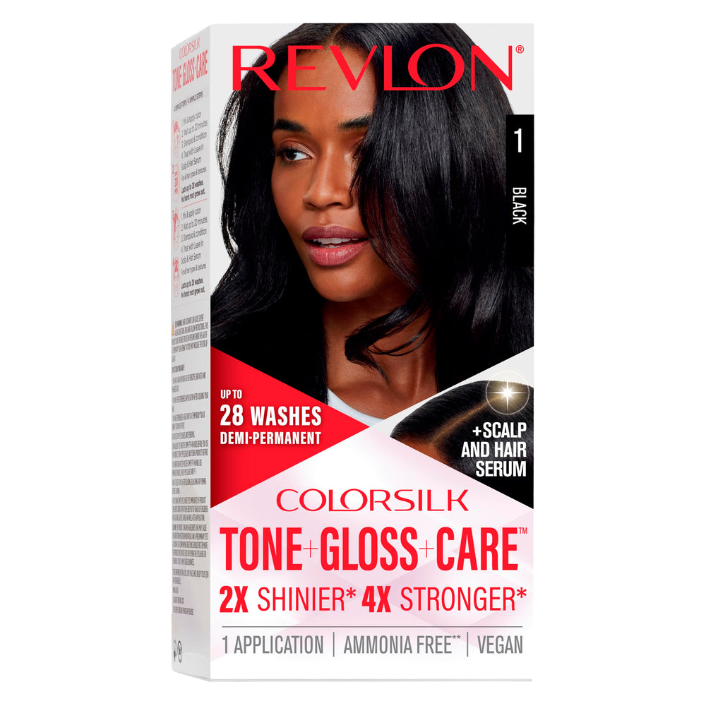 REVLON ColorSilk Tone + Gloss Care dye kit bottle with rich color.
