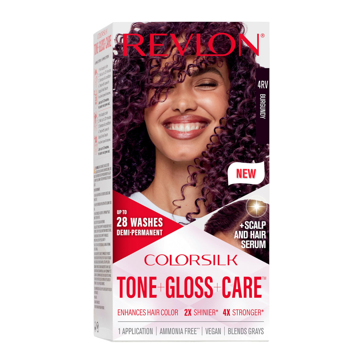REVLON ColorSilk Tone + Gloss + Care dye kit packaging shows beginner-friendly color prep.