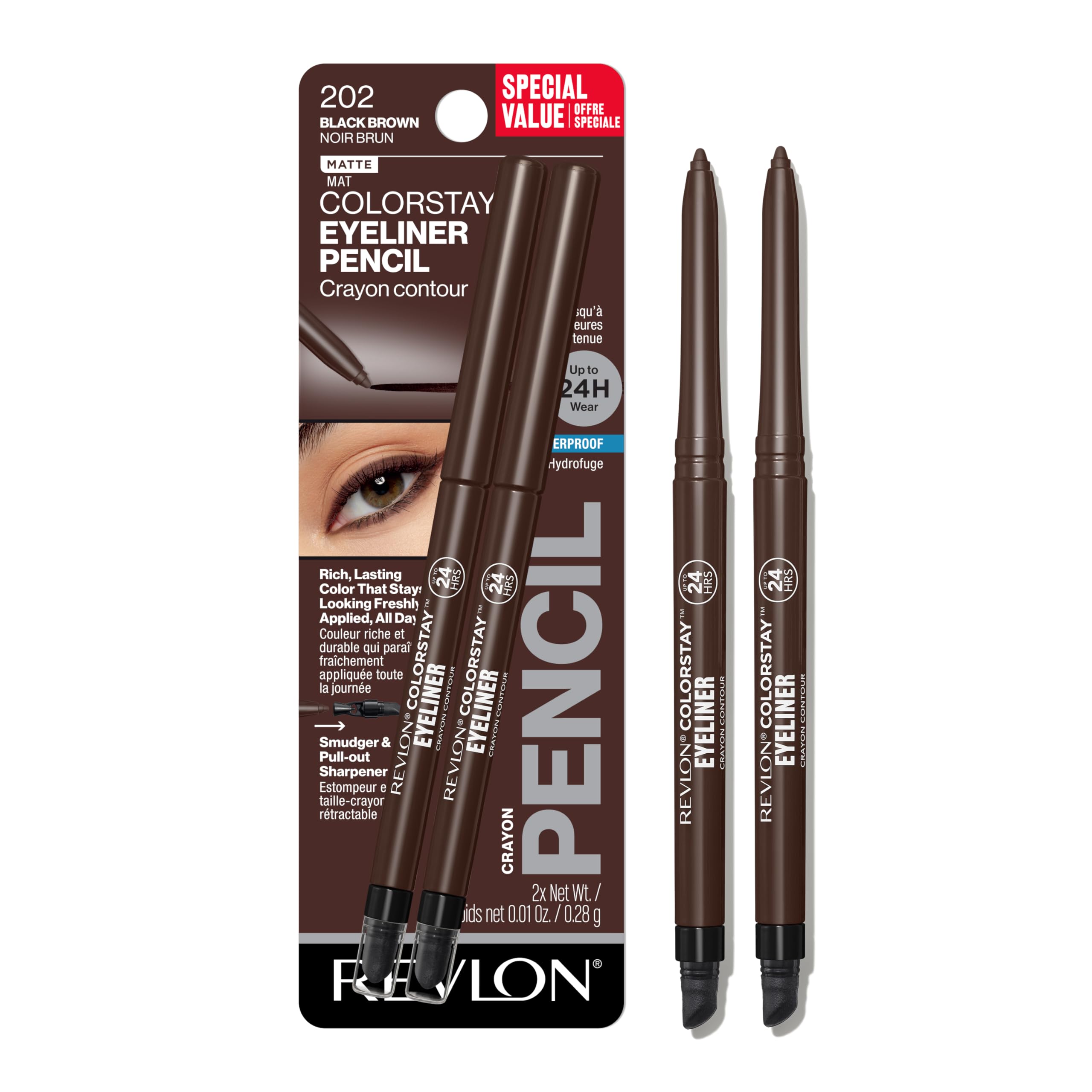 REVLON ColorStay Lapiz Ojos a prueba de agua 202 negro castaño, delineado duradero todo el dia