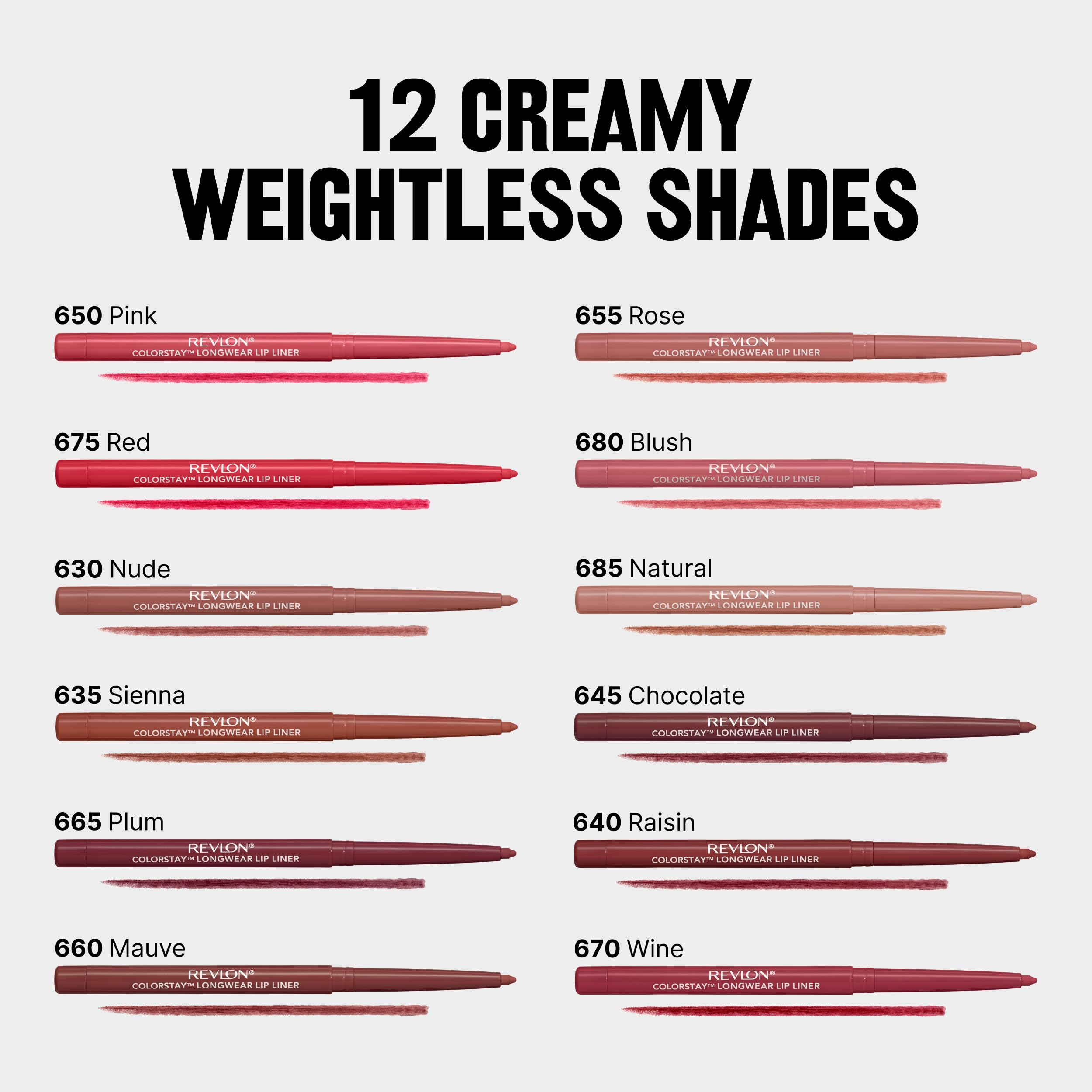 Revlon ColorStay lip liner 14-shade collection showcasing color variety.