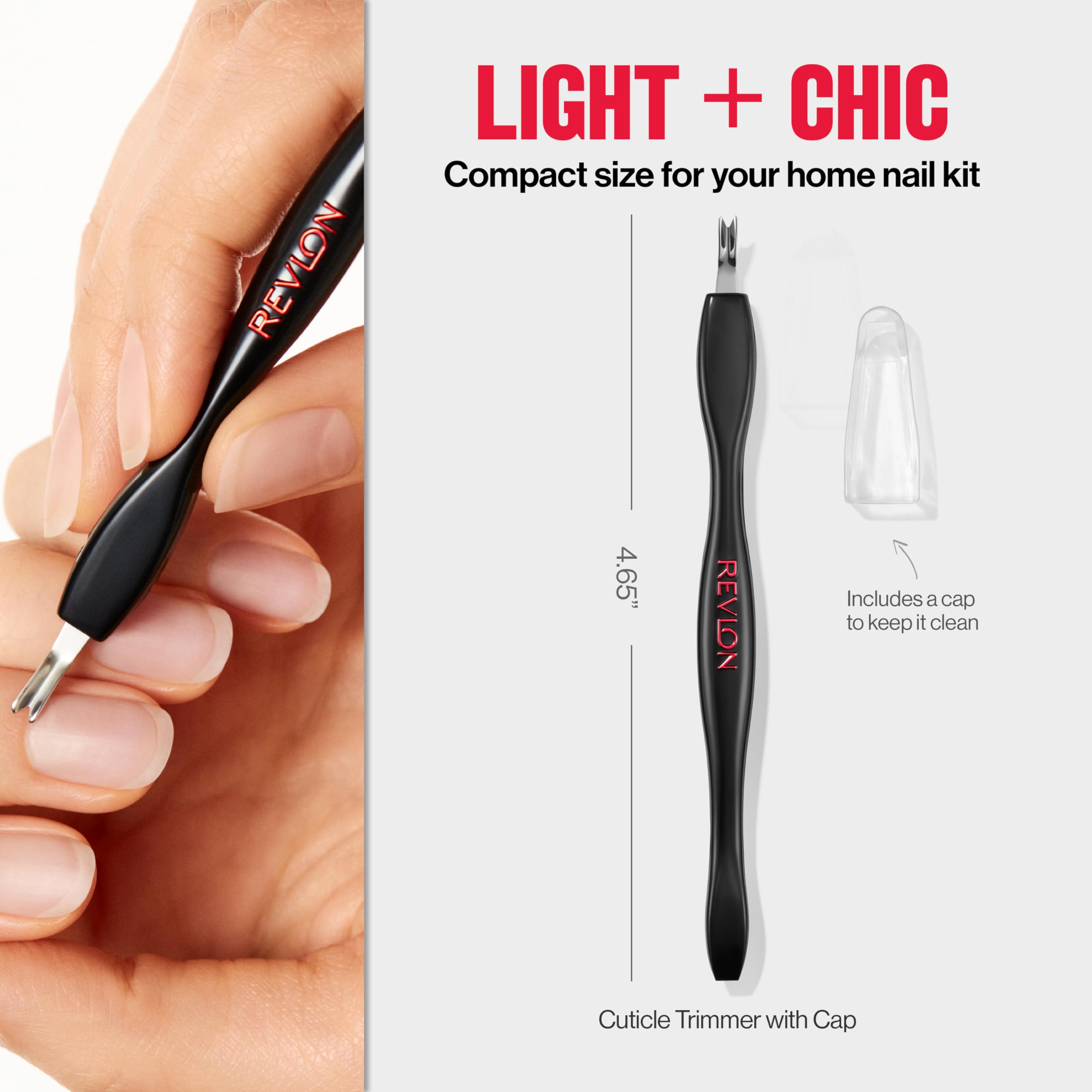 Revlon Cuticle Trimmer follows the nail curve for smooth edge work.