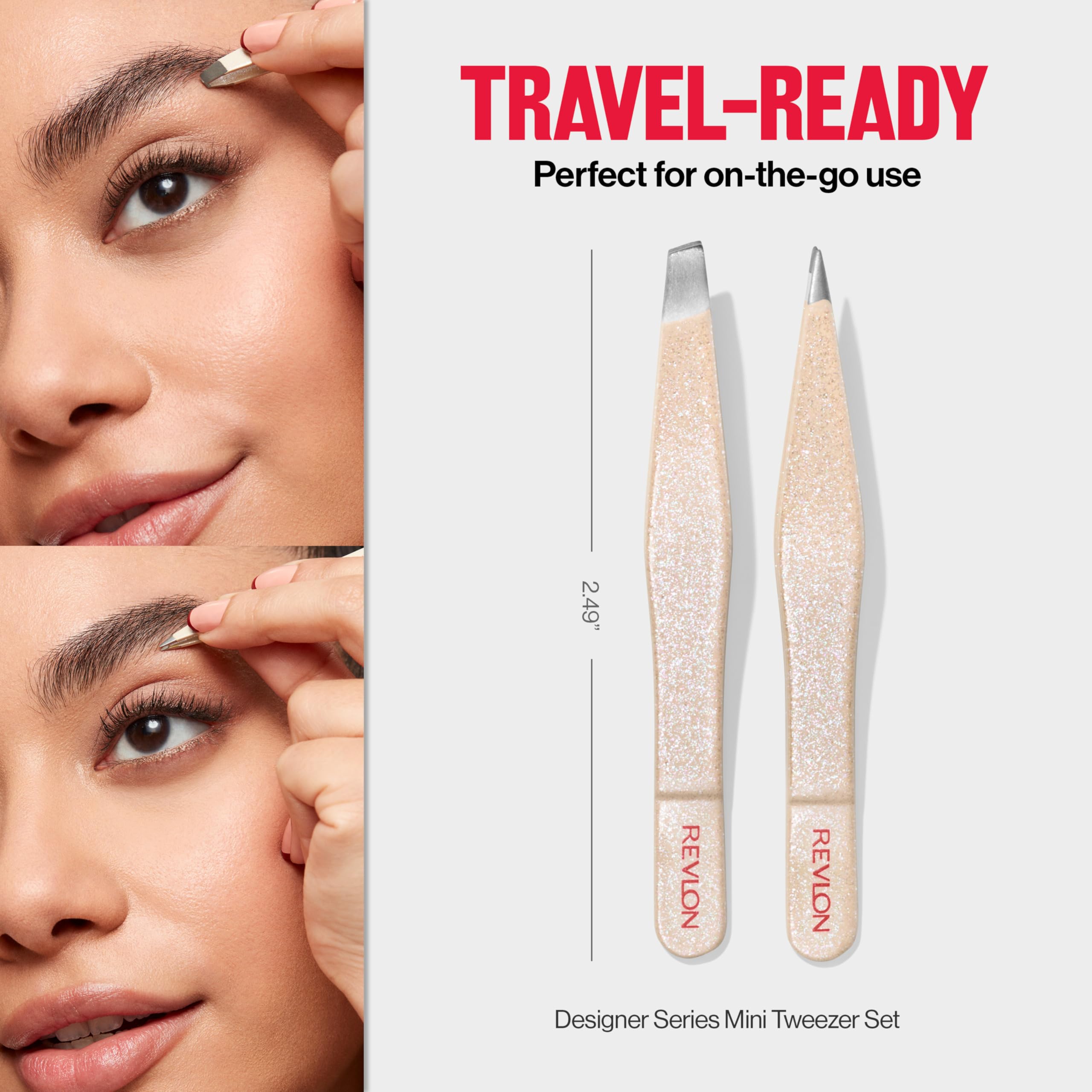 Revlon mini tweezer in hand, ready for quick touch-ups