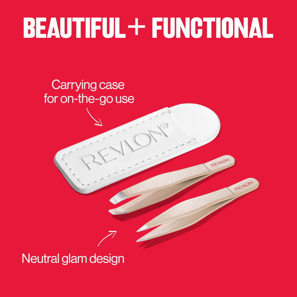 Neutral glam design detail of Revlon mini tweezer set