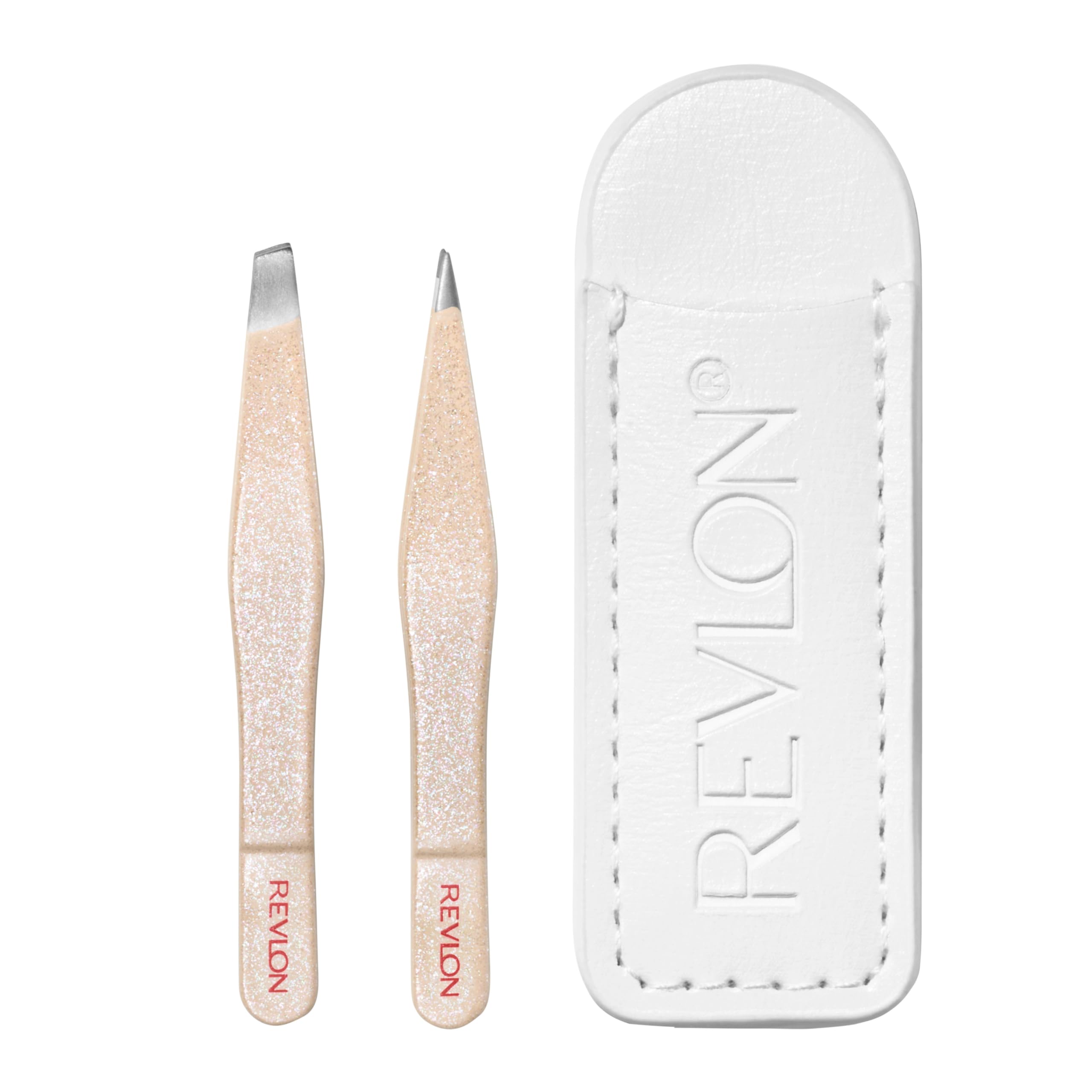 Packaging close-up of Revlon mini tweezer set demonstrates portable elegance