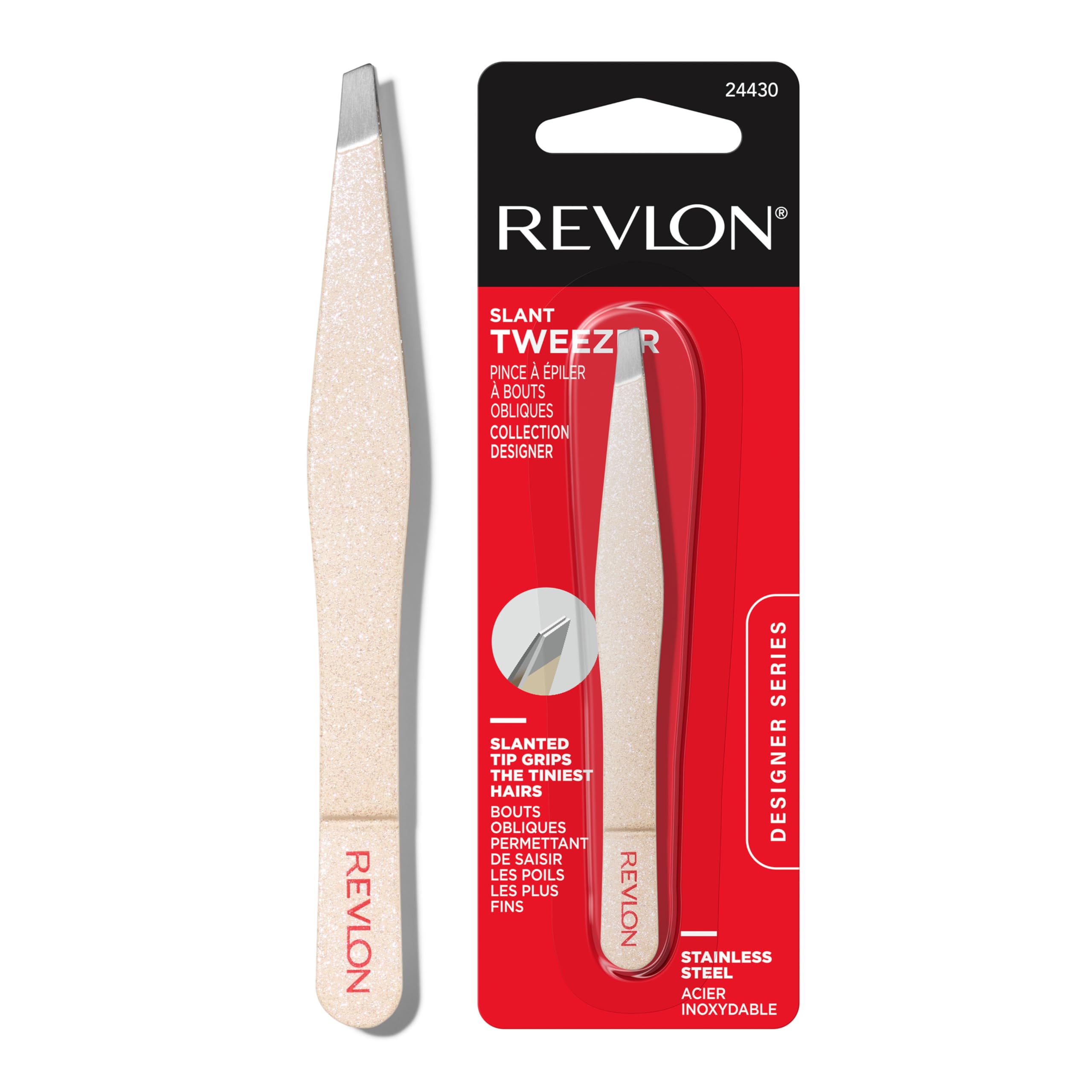REVLON Designer Series Slant Tweezer close-up tips enable precise brow grooming.