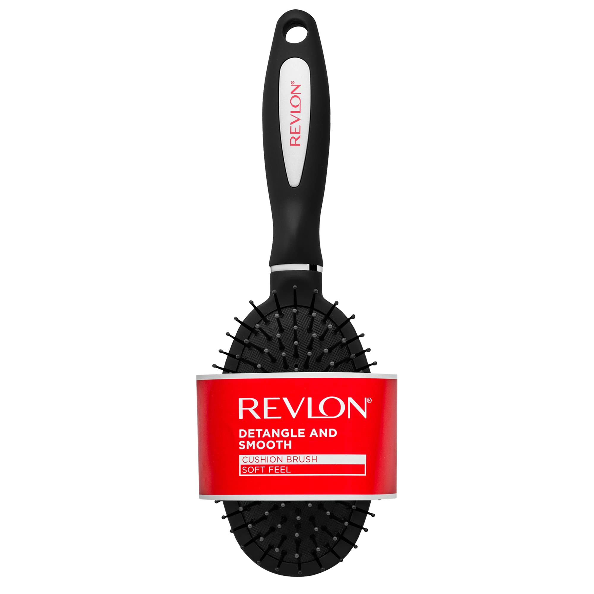 REVLON Detangle & Smooth Black Cushion Brush front view for effortless detangling.