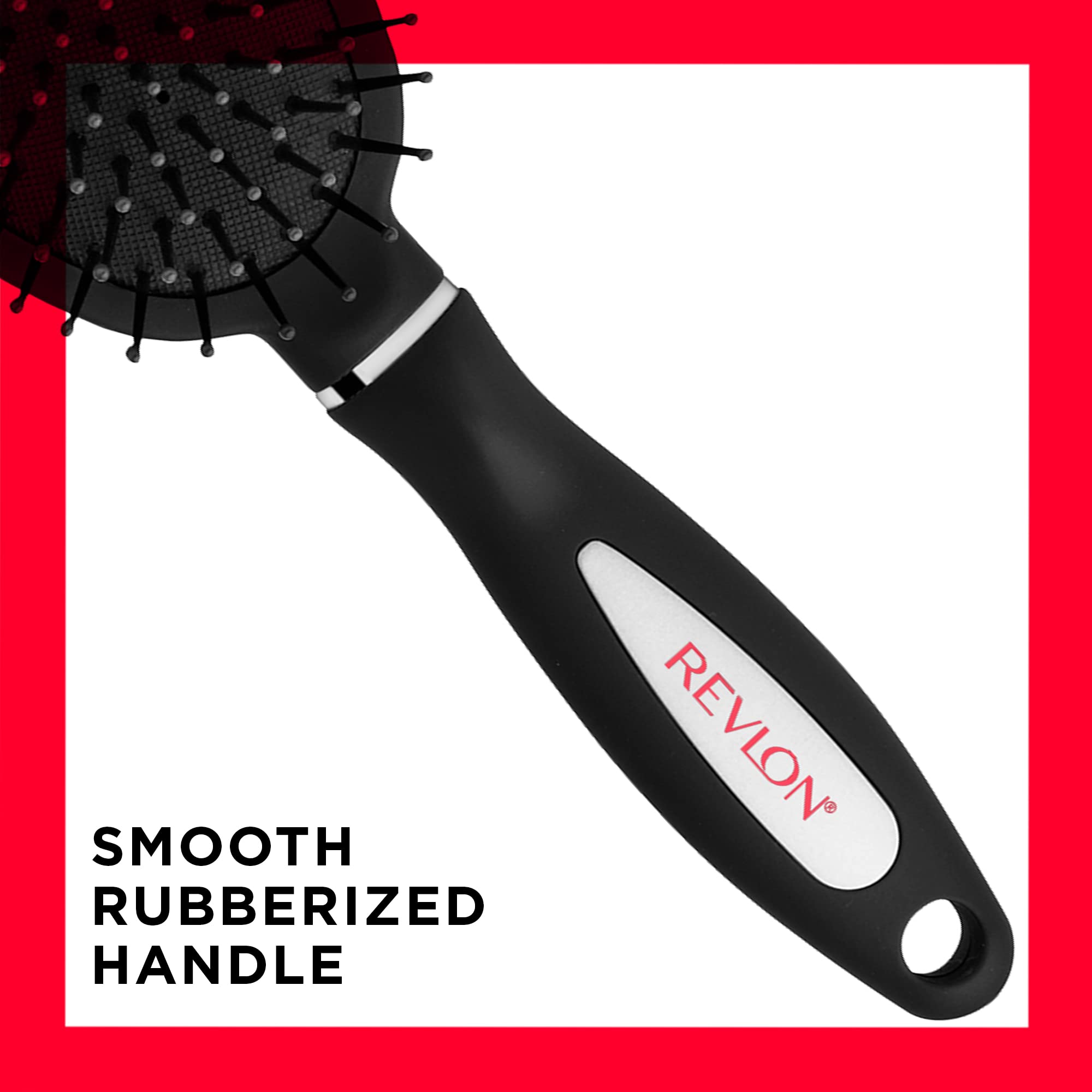 REVLON Detangle & Smooth Black Cushion Brush rubberized grip enhances control during styling.