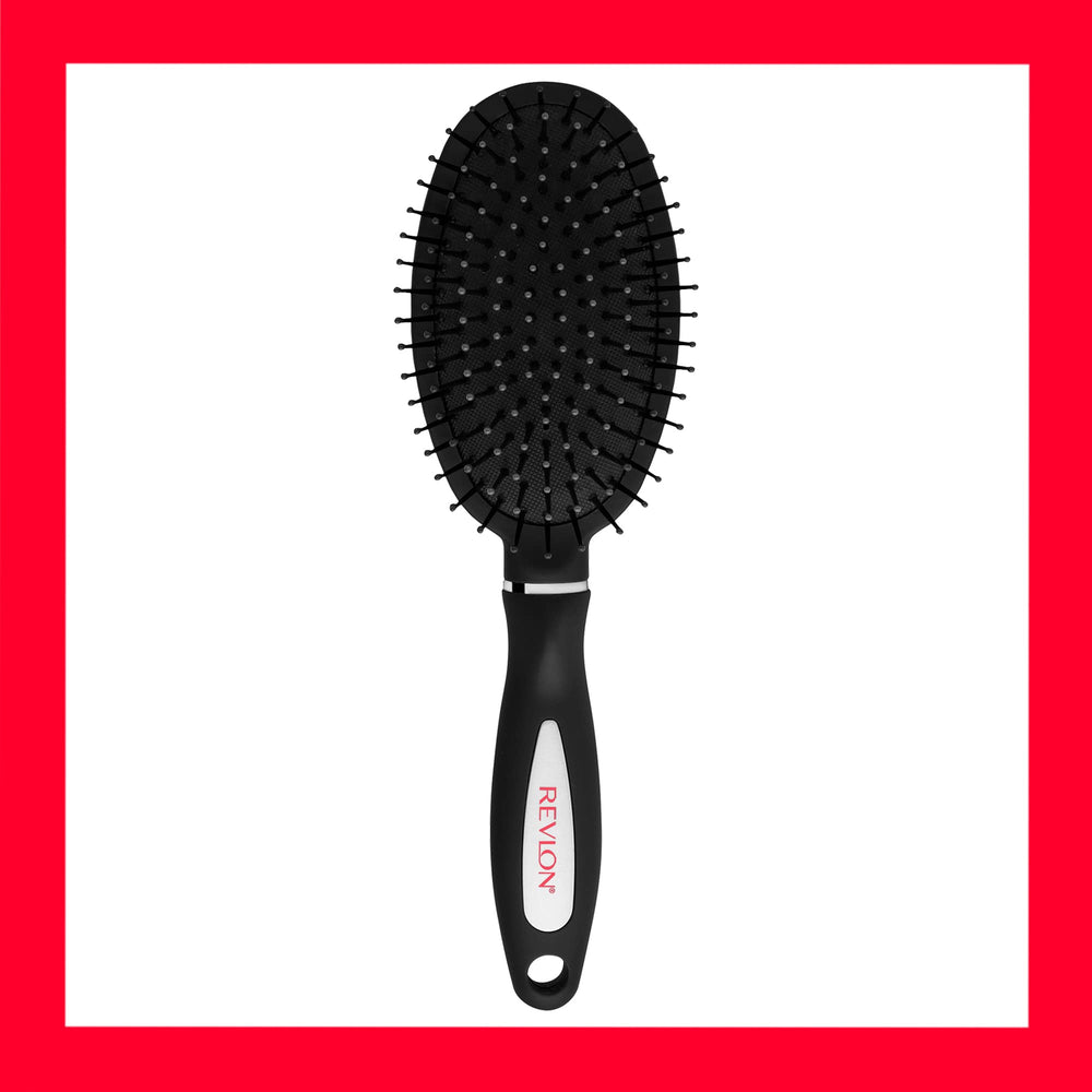 REVLON Detangle & Smooth Black Cushion Brush usable on wet or dry hair for versatility.