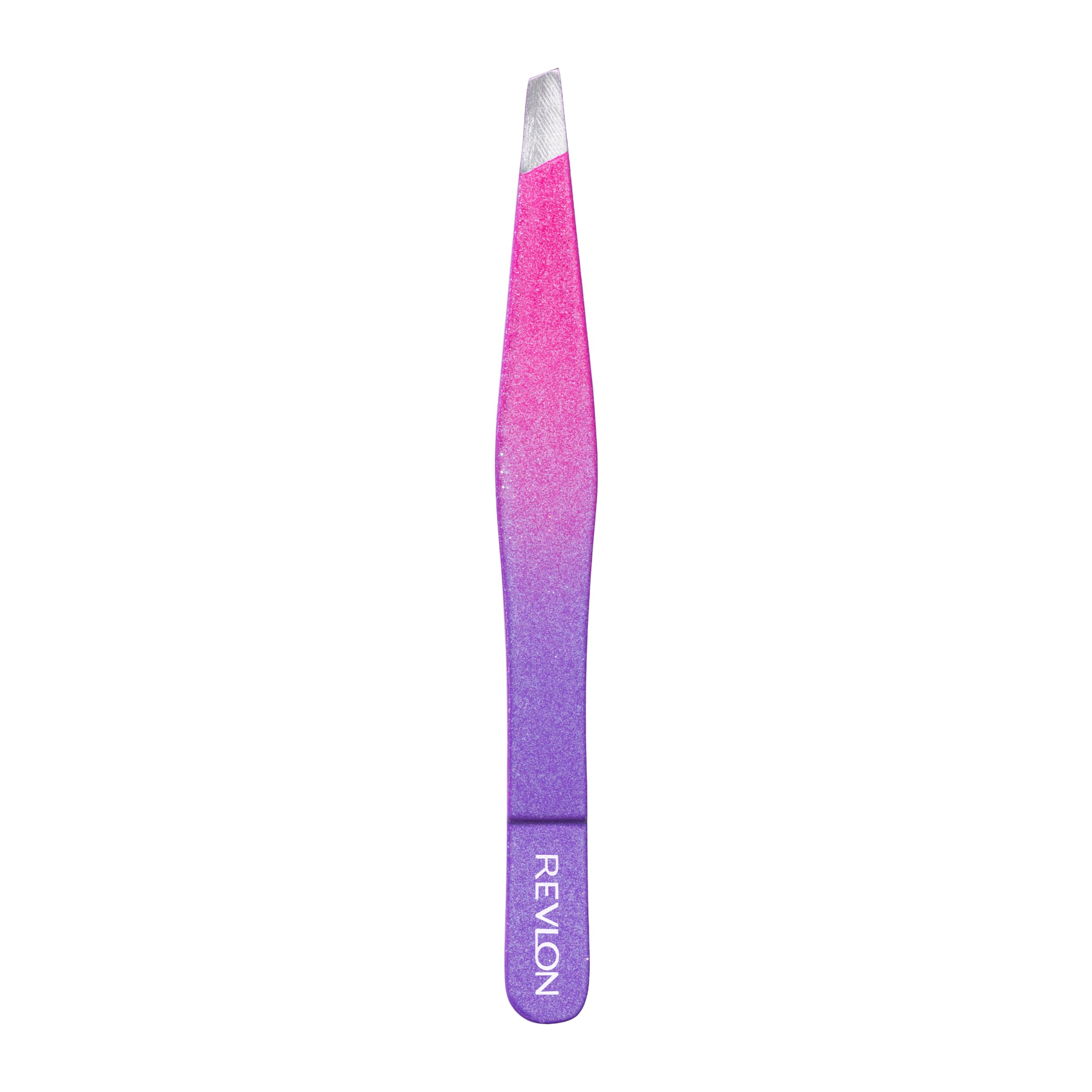 Revlon Diamond Collection slanted-tip tweezers in purple close-up showing stainless steel build