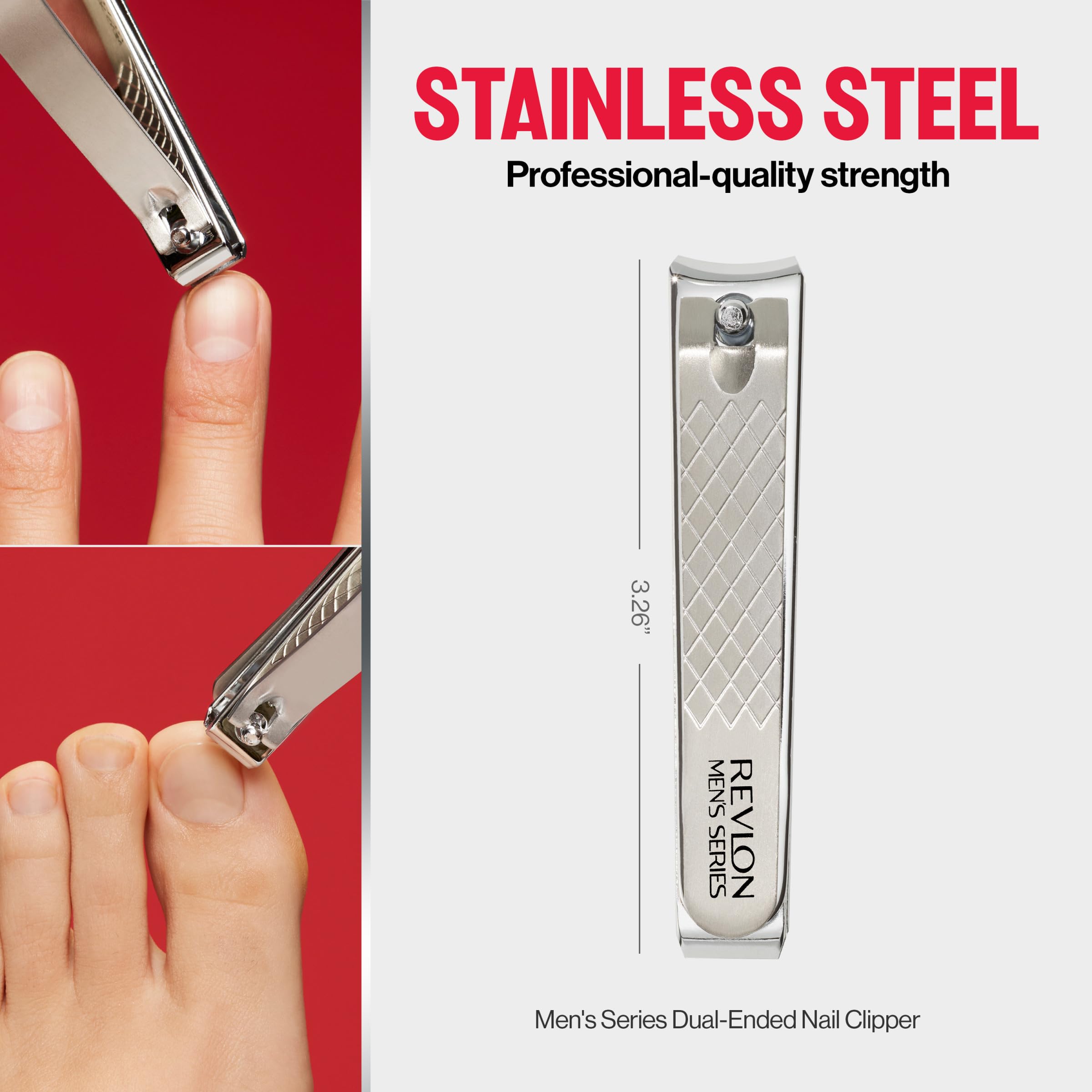 REVLON dual-ended nail clipper ergonomic handle design for comfortable grip.
