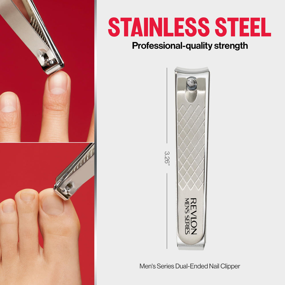 REVLON dual-ended nail clipper ergonomic handle design for comfortable grip.