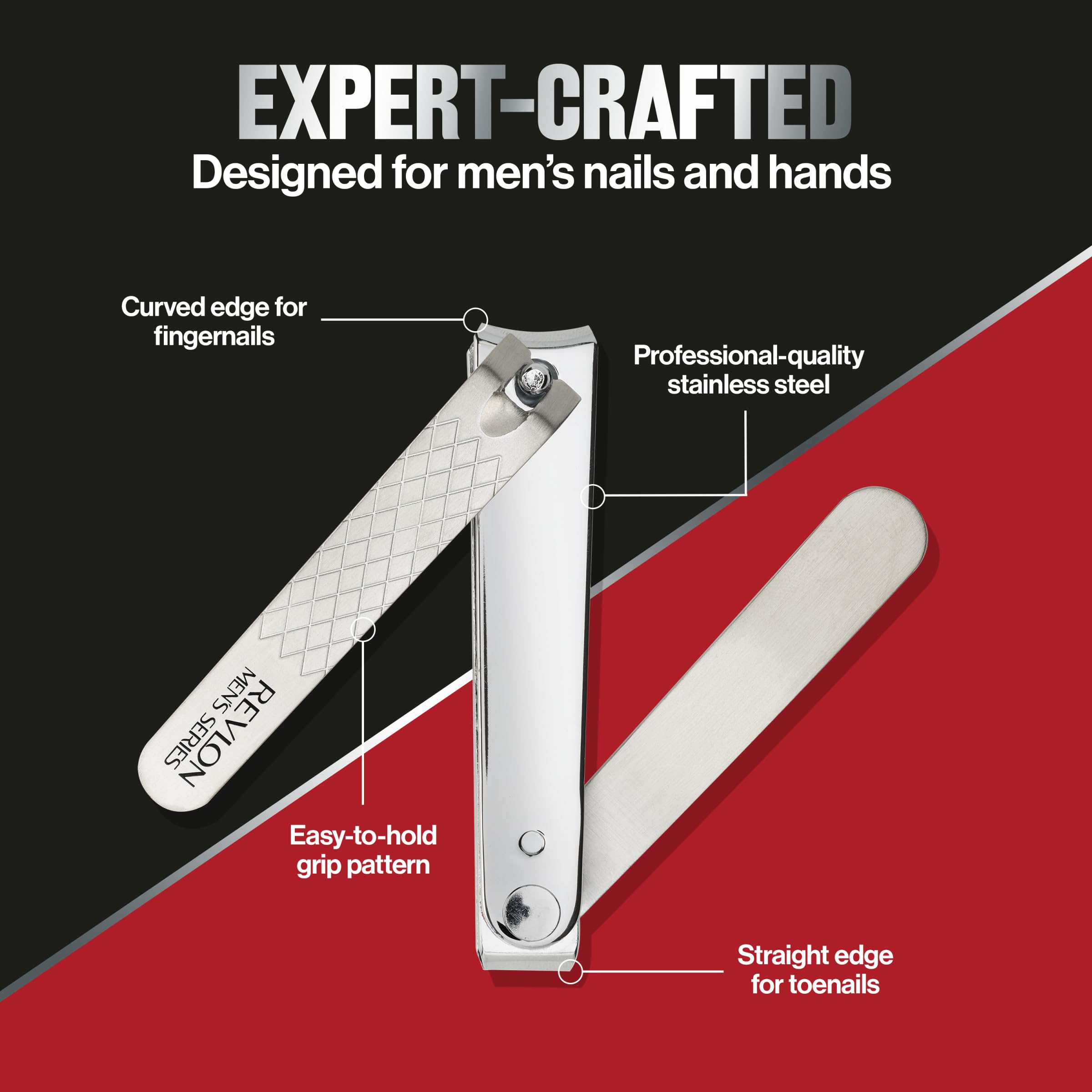 REVLON dual-ended nail clipper stainless steel body highlighting durability.