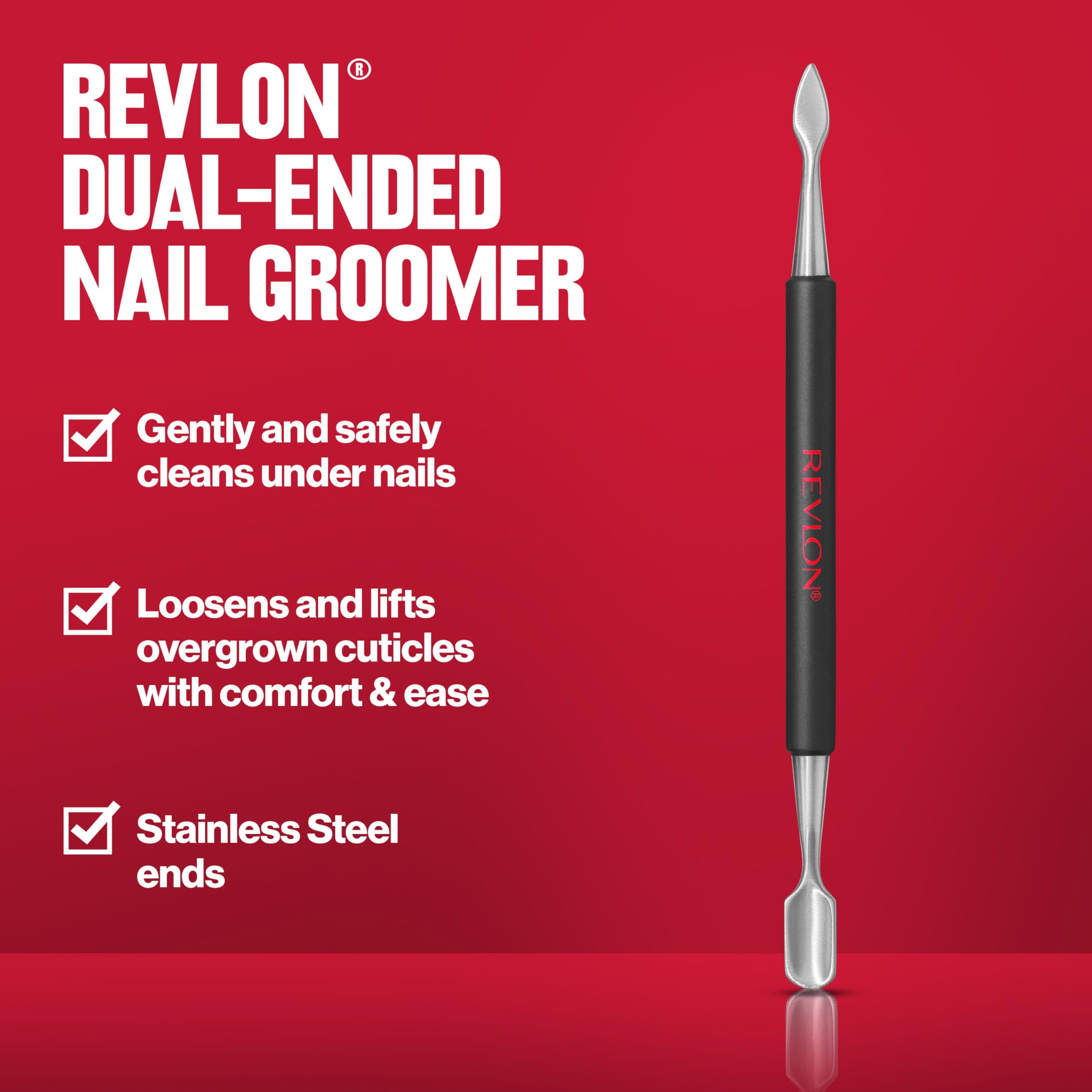 Revlon nail groomer flat edge pushes back cuticles for neat, salon-like prep