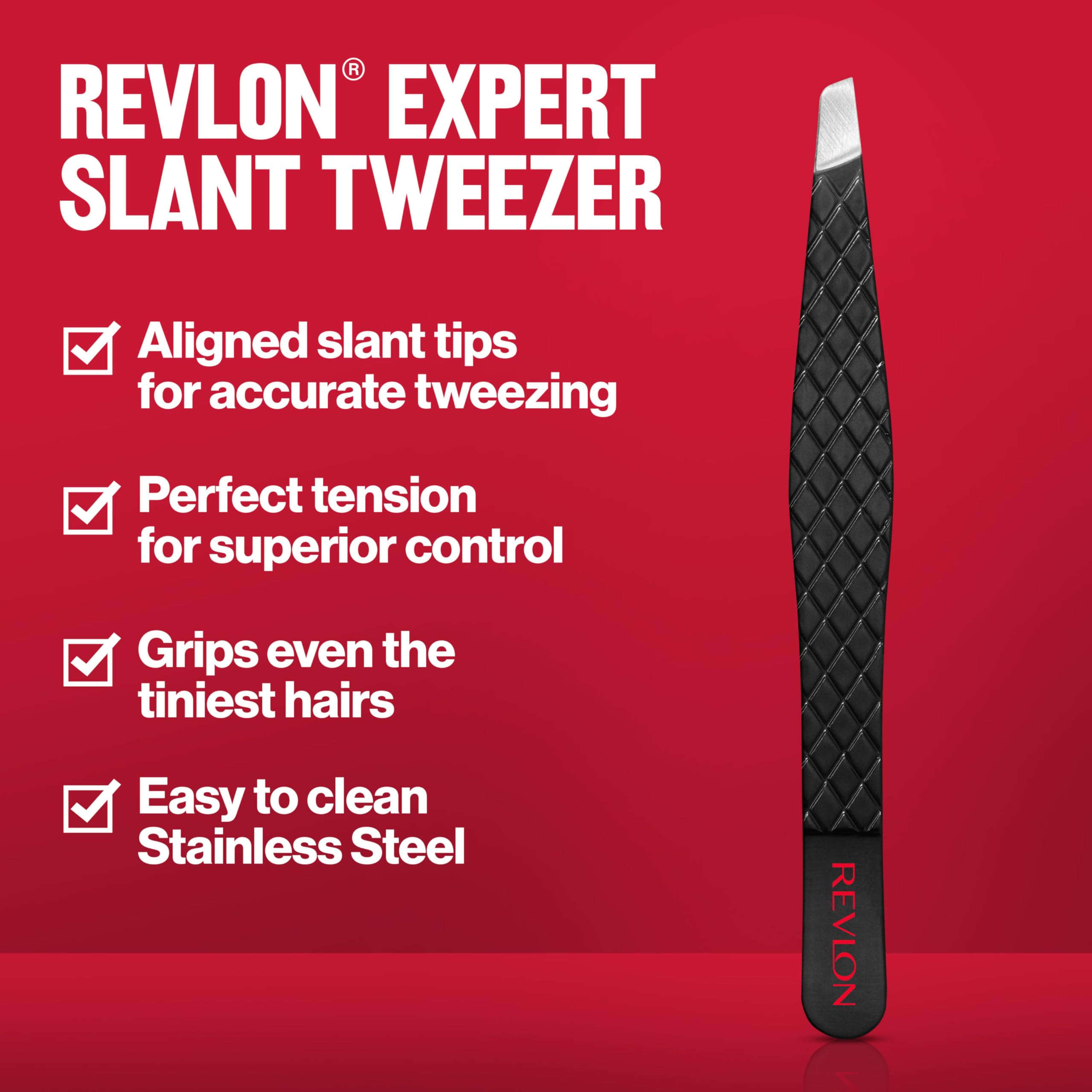 Close-up of REVLON Expert Slant Tweezer gripping tiny hairs with accuracy.