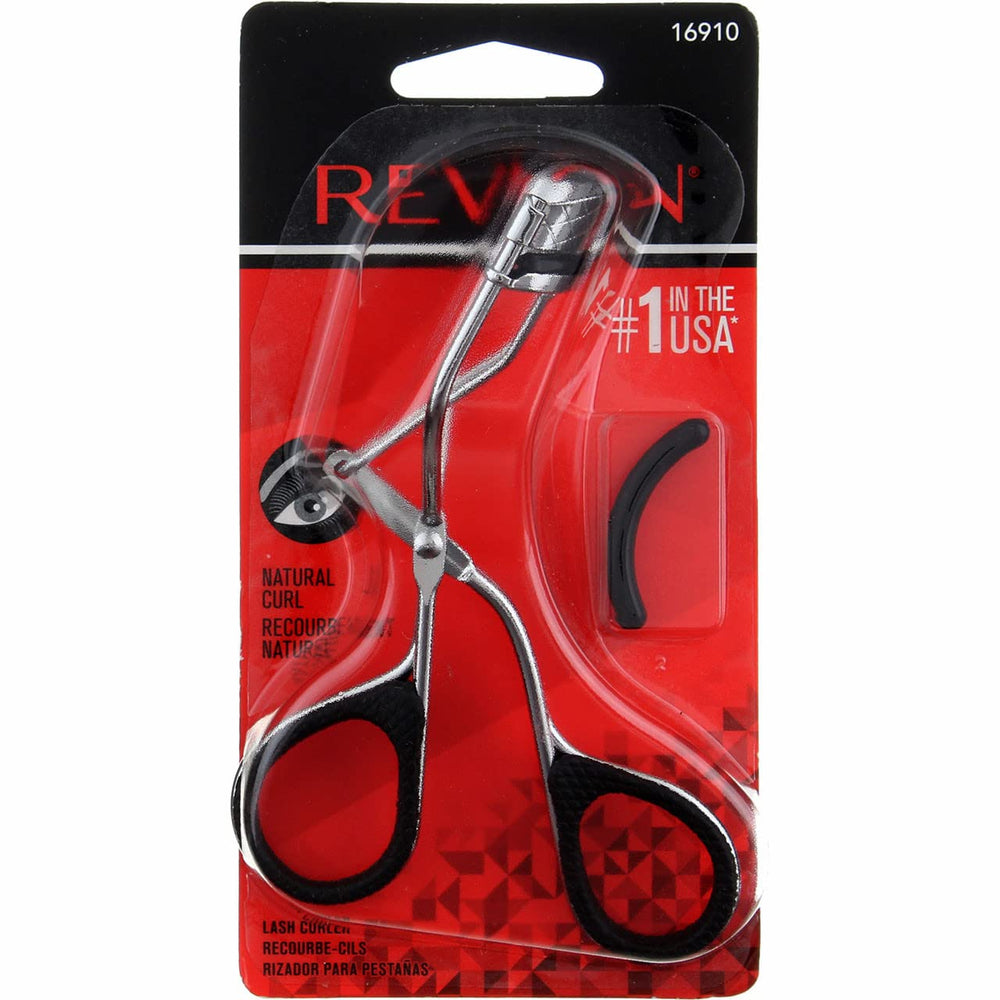 REVLON eyelash curler, close-up pad view, cushions lashes for gentle curling.